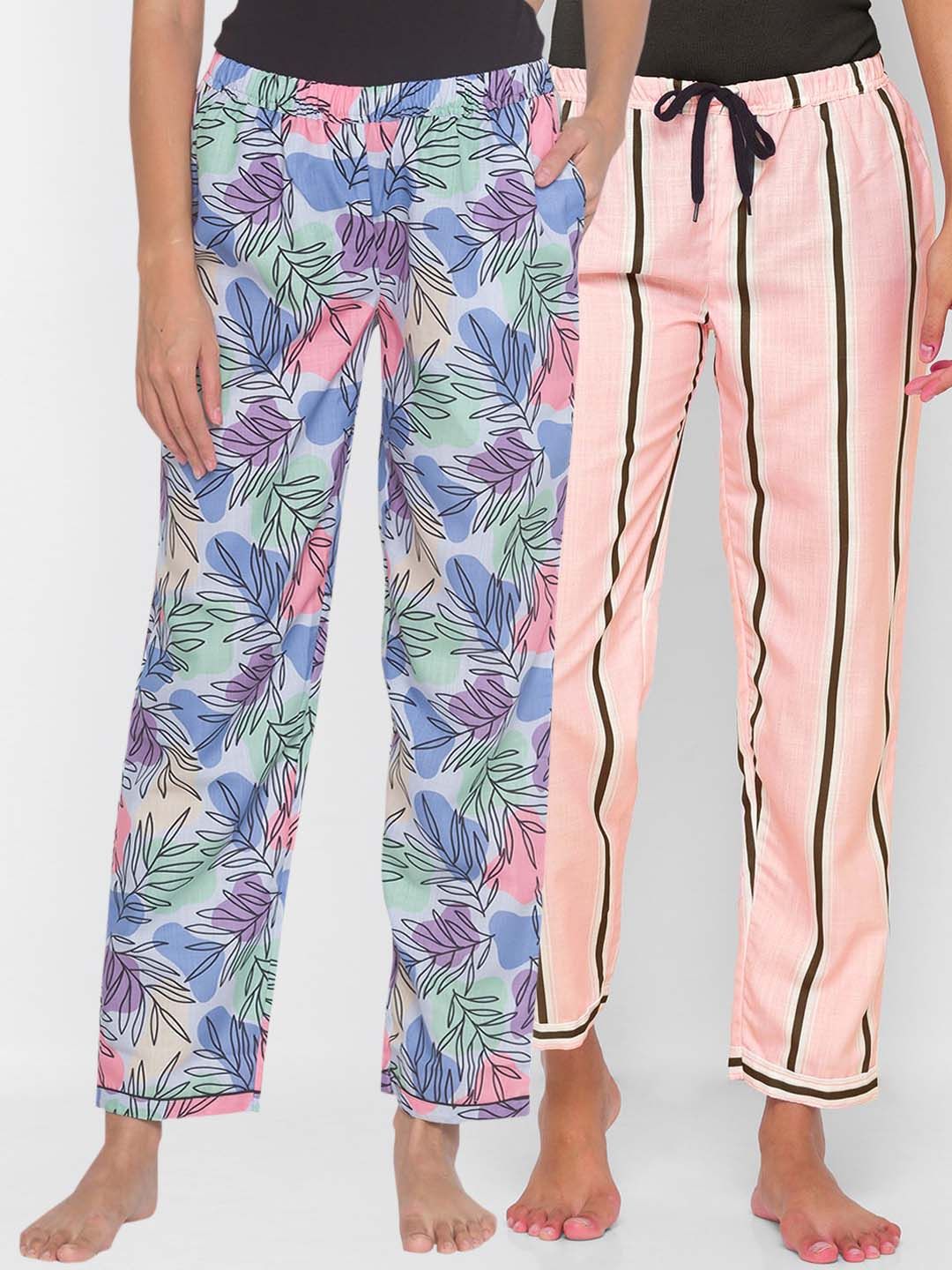 FashionRack Pack of 2 Women Blue & Pink Printed Lounge Pants Price in India