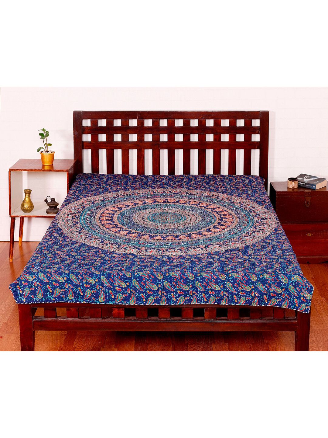 HANDICRAFT PALACE Women Blue & Peach Printed Quilted Cotton Single Bed Cover Price in India