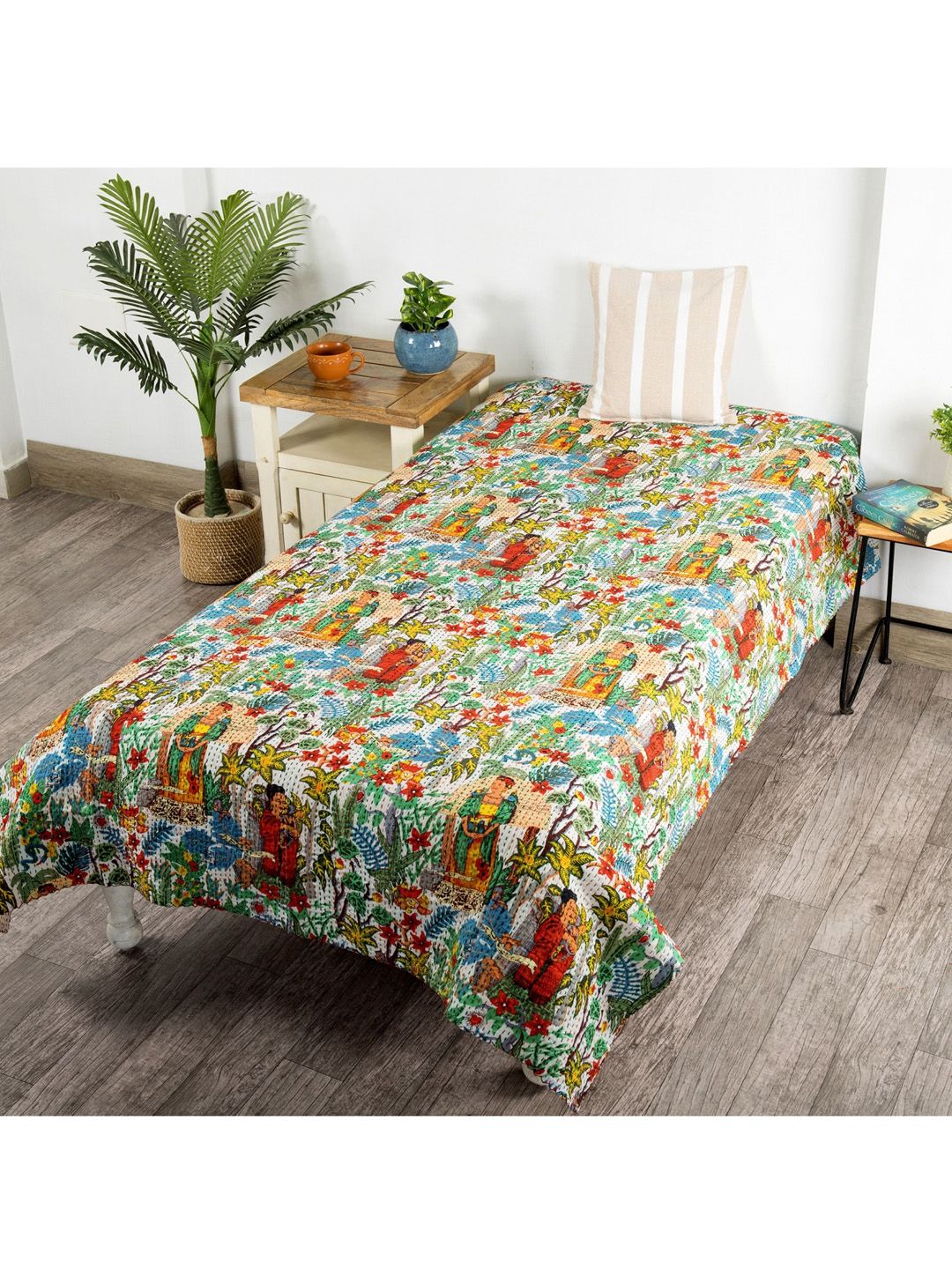 HANDICRAFT PALACE White Printed Kantha Quilted Cotton Reversible Single Bed Cover Price in India