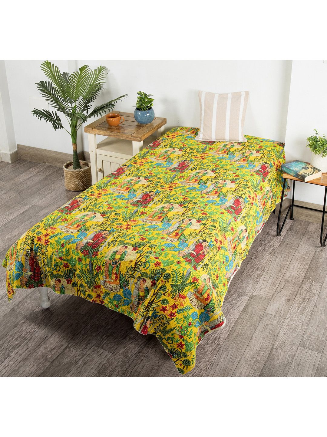 HANDICRAFT PALACE Yellow & Red Frida Kahlo Printed Kantha Quilted Cotton Single Bed Cover Price in India