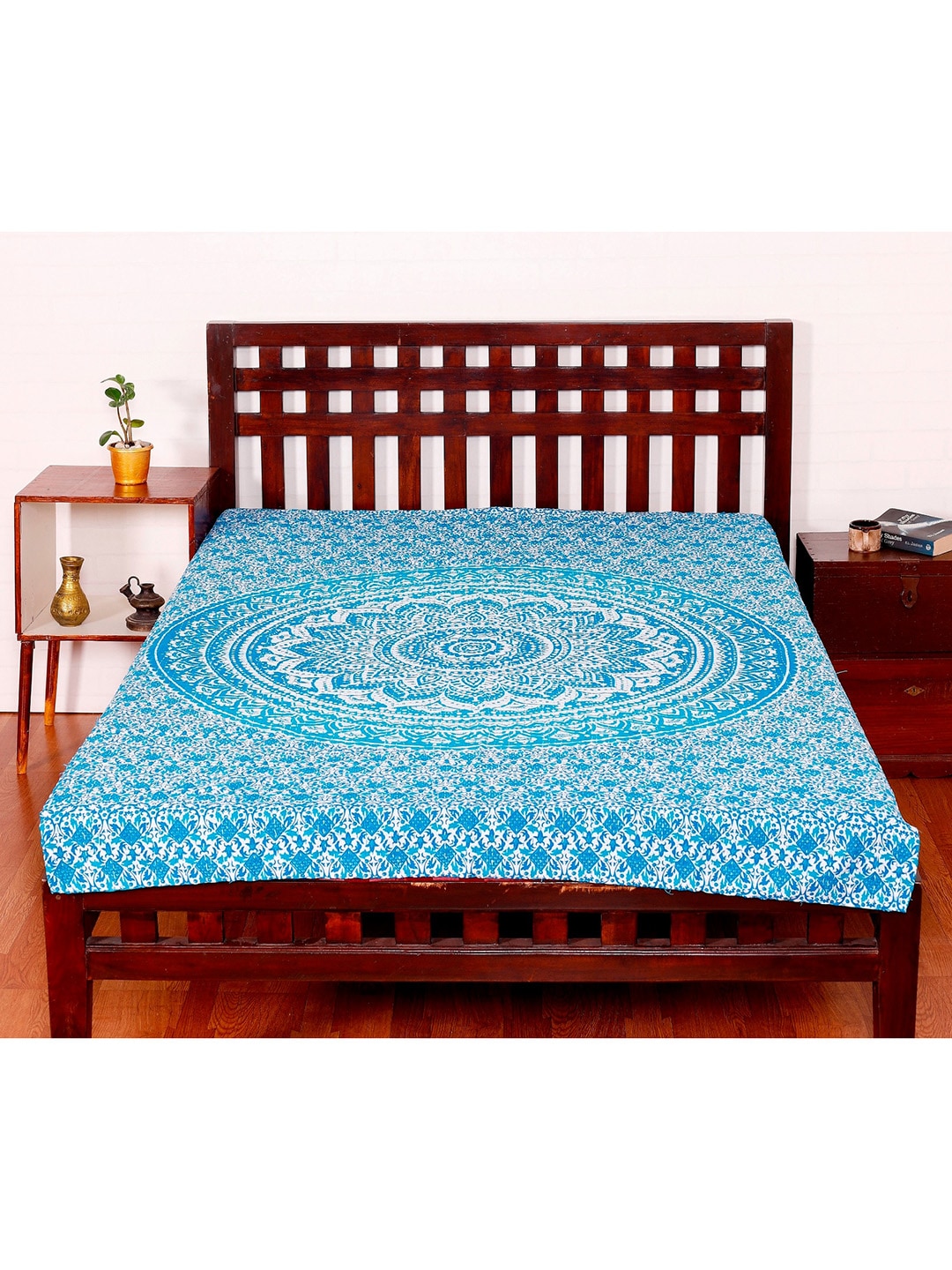HANDICRAFT PALACE Blue Ombre Mandala Printed Kantha Quilted Cotton Single Bed Cover Price in India