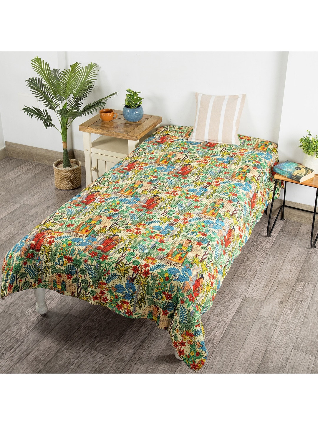 HANDICRAFT PALACE Beige & Green Printed Kantha Work Quilted Cotton Single Bed Cover Price in India