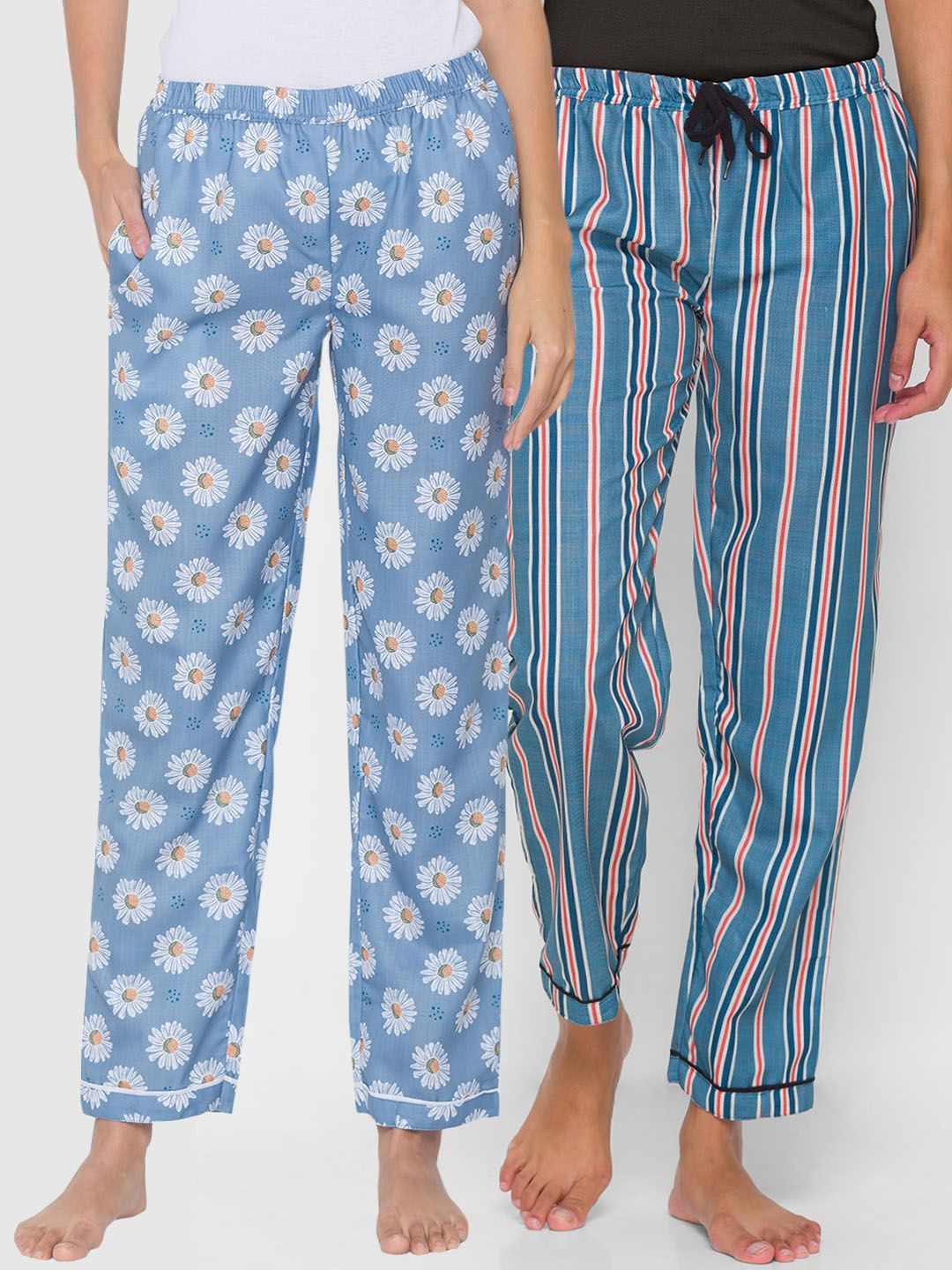 FashionRack Women Pack of 2 Blue Printed Cotton Lounge Pants Price in India