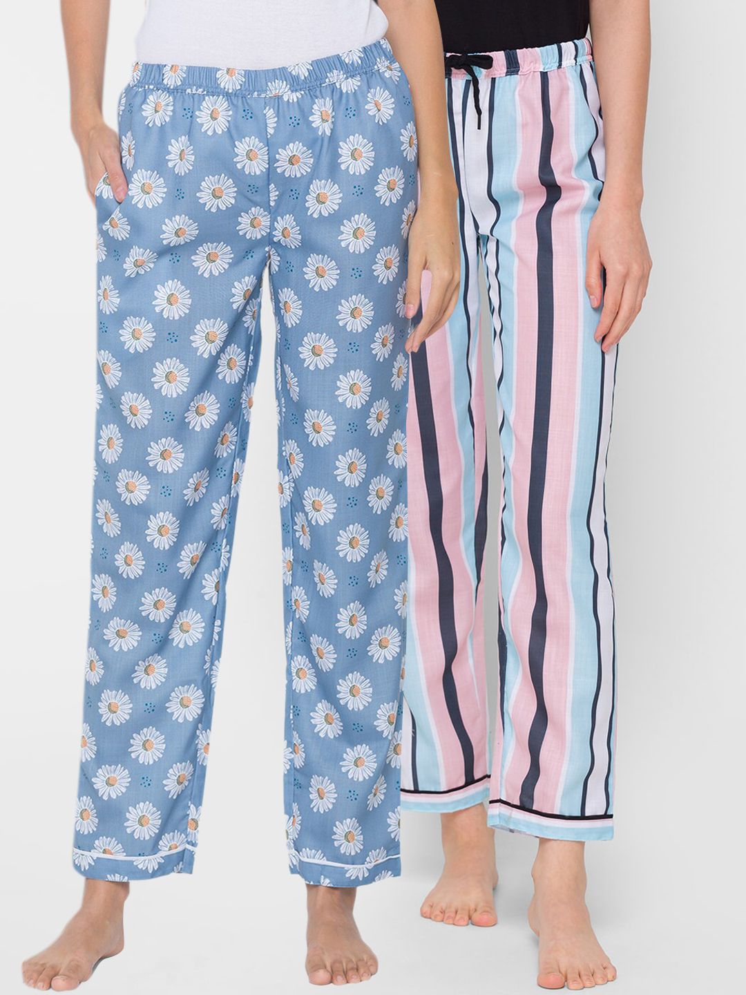 FashionRack Women Pack Of 2 Blue & Pink Printed Lounge Pants Price in India