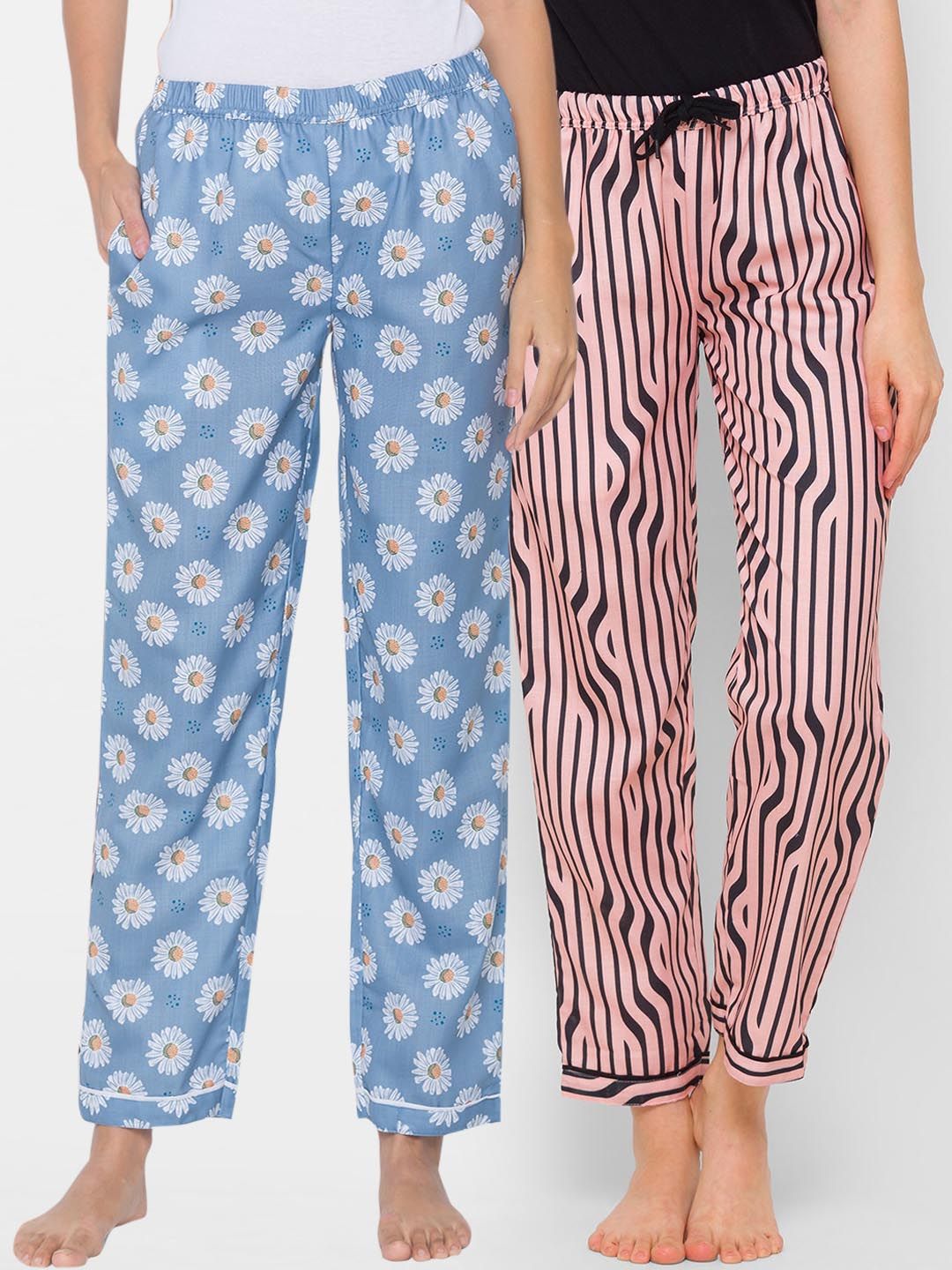 FashionRack Pack Of 2 Printed Blue & Pink Cotton Lounge Pants Price in India