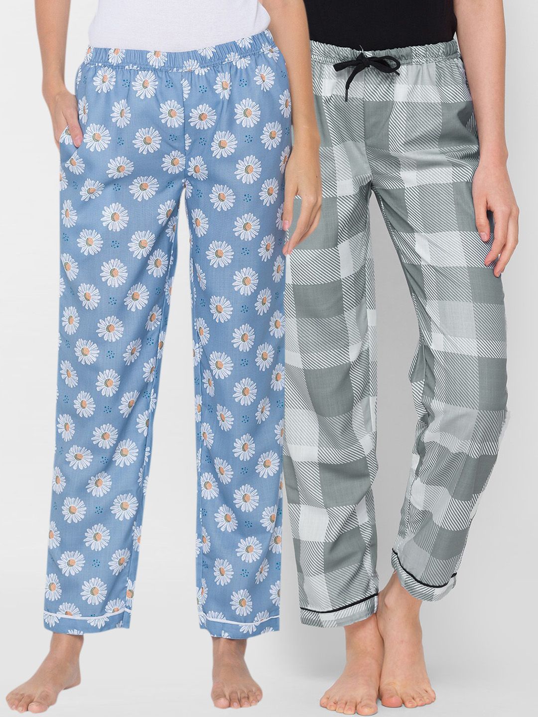 FashionRack Women Pack of 2 Blue & Grey Printed Cotton Lounge Pants Price in India