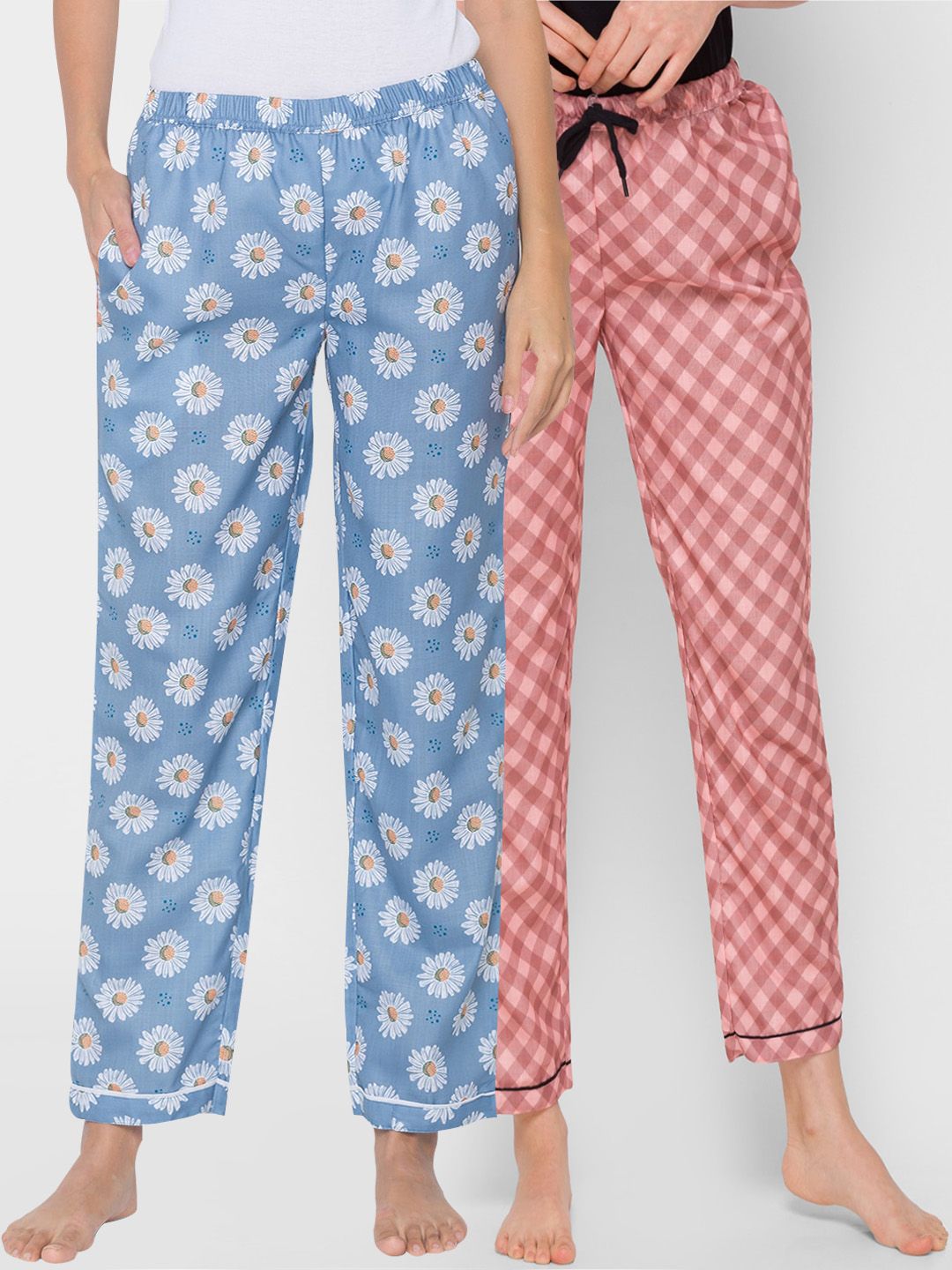 FashionRack Women Pack of 2 Blue & Peach Colored Printed Cotton Lounge Pants Price in India