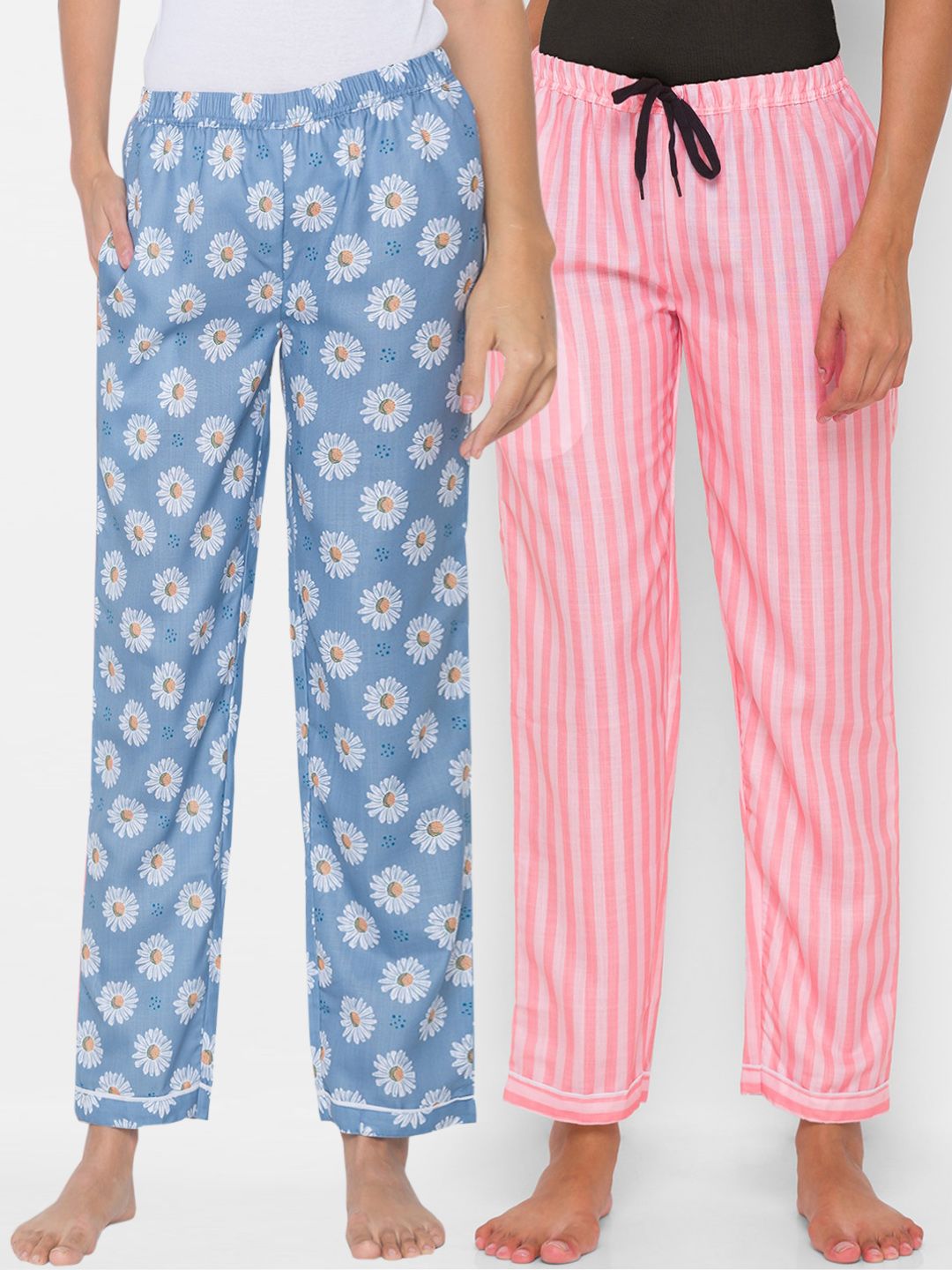 FashionRack Women Pack of 2 Blue & Pink Printed Cotton Lounge Pants Price in India