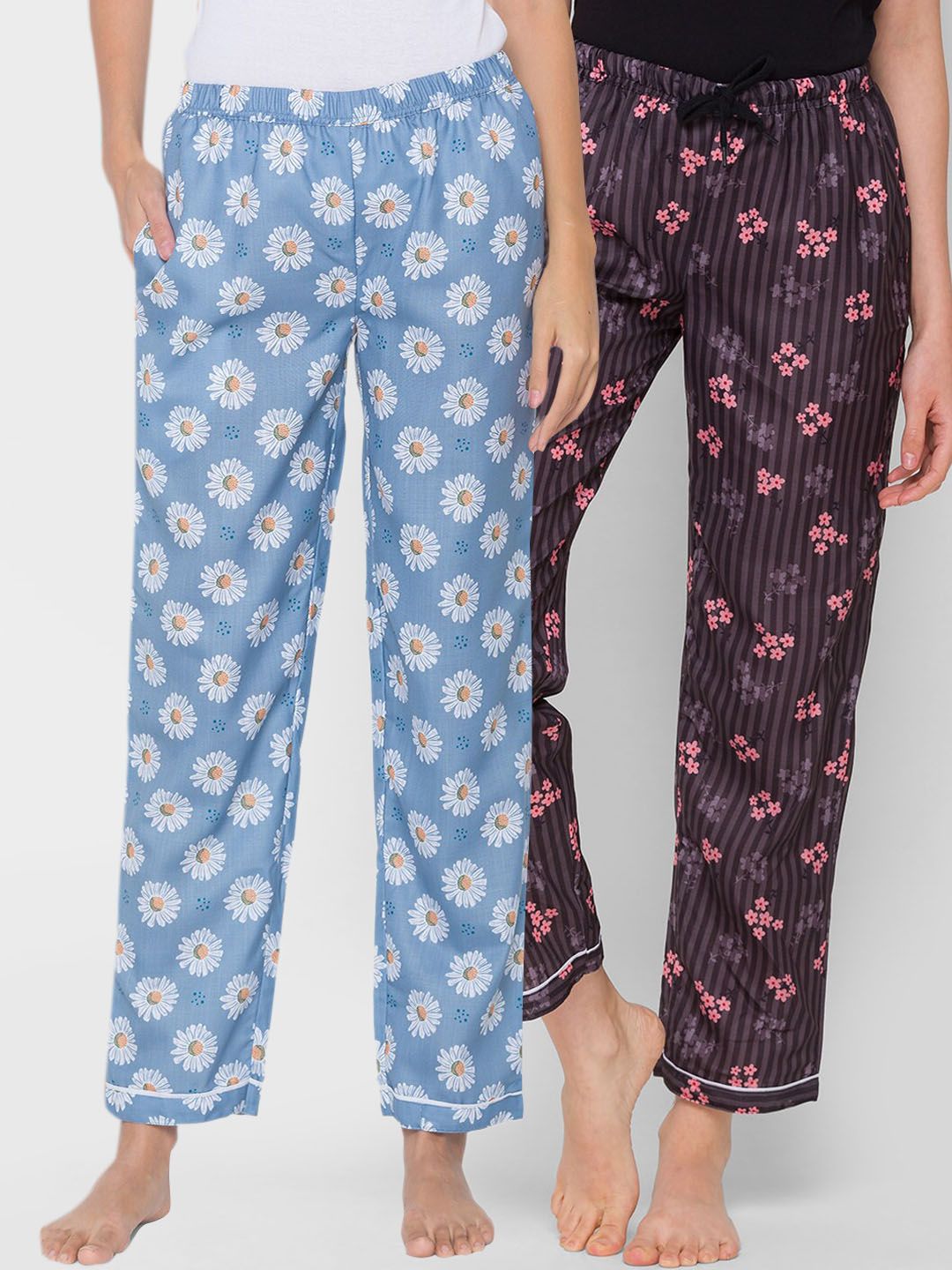 FashionRack Pack of 2 Women Blue & Brown Printed Cotton Lounge Pants Price in India