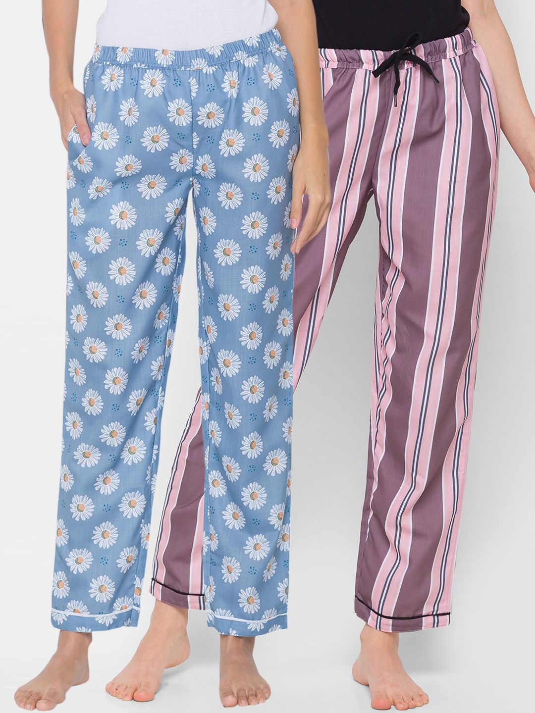 FashionRack Pack of 2 Blue & Pink Printed Cotton Lounge Pants Price in India