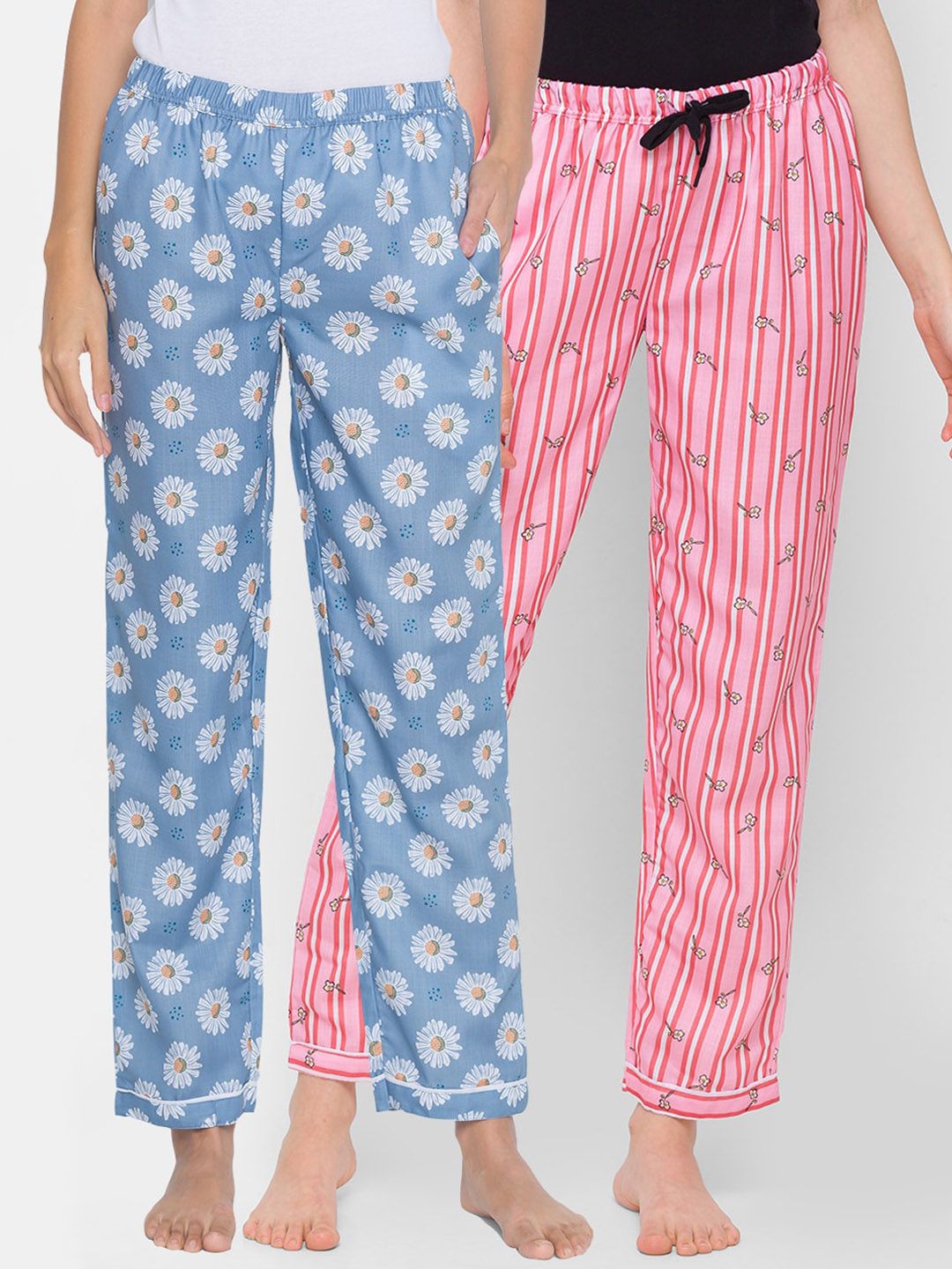 FashionRack Women Pack of 2 Blue & Pink Printed Cotton Lounge Pants Price in India