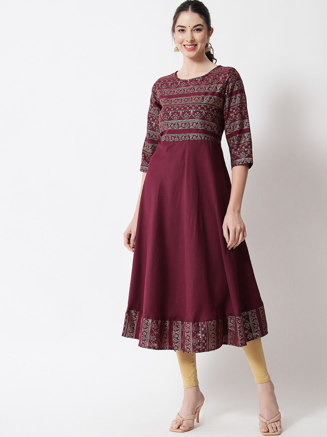 Sitaram Designer Women Burgundy Ethnic Motifs Foil Printed Anarkali Kurta Price in India