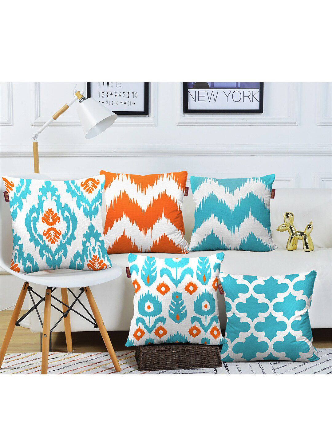 AEROHAVEN Small Cotton Turquoise Blue & Orange Set of 5 Abstract Square Cushion Covers Price in India