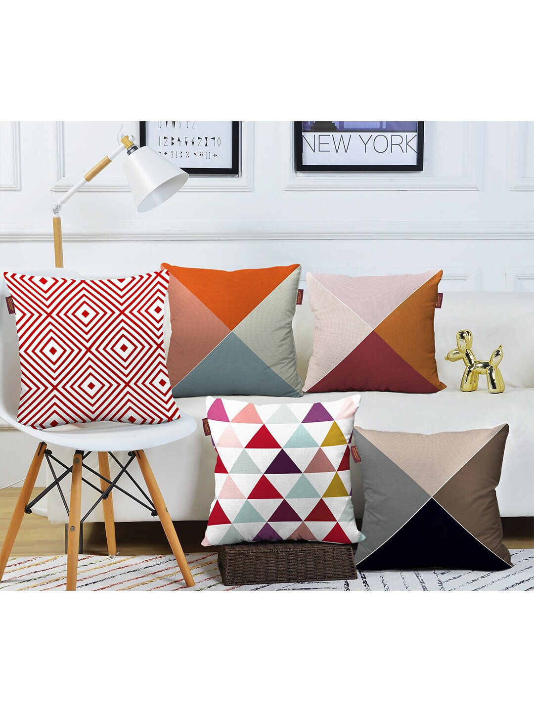 AEROHAVEN Red & White Set of 5 Geometric Square Cushion Covers Price in India