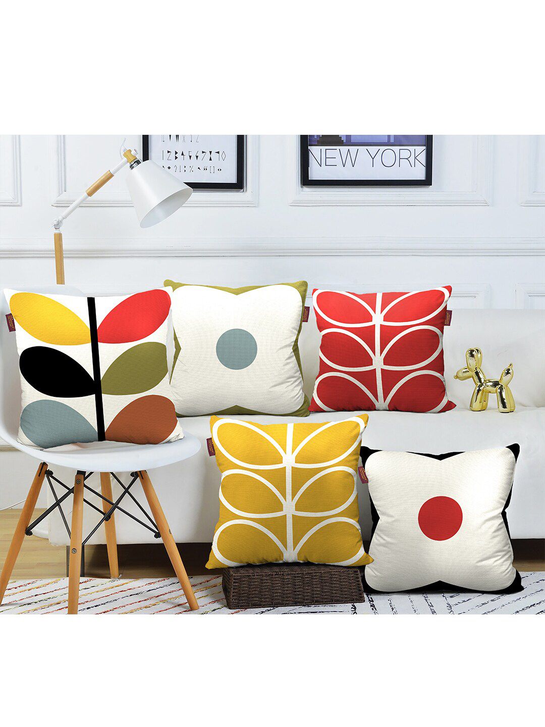 AEROHAVEN Red & Yellow Set of 5 Geometric Square Cushion Covers Price in India
