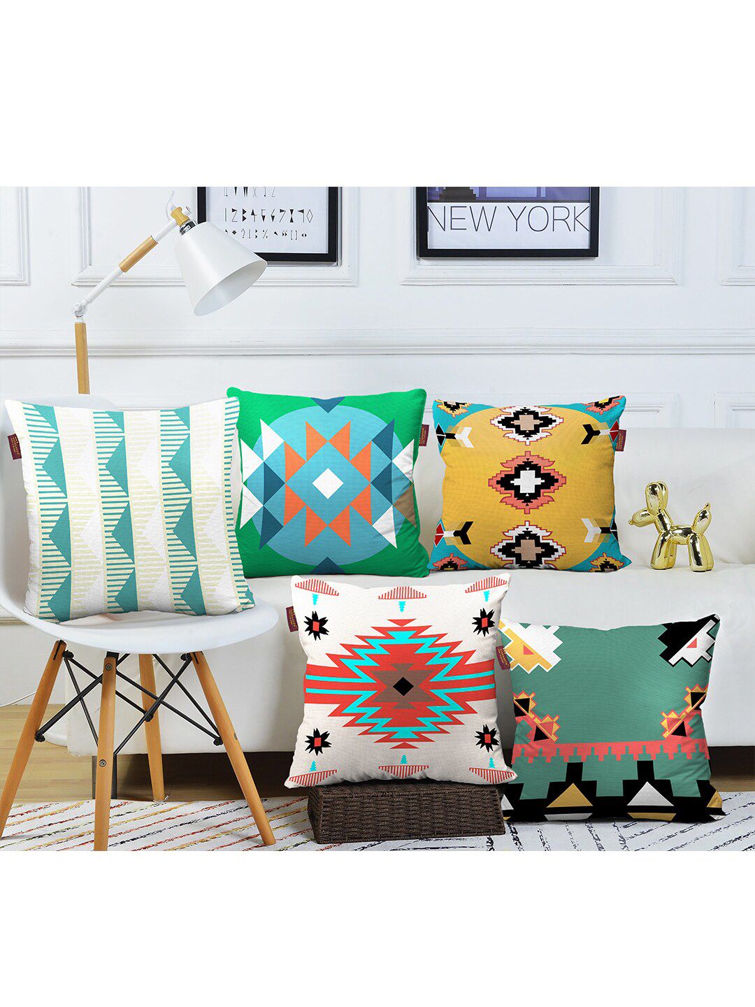 AEROHAVEN Sea Green & Red Set of 5 Geometric Square Cushion Covers Price in India