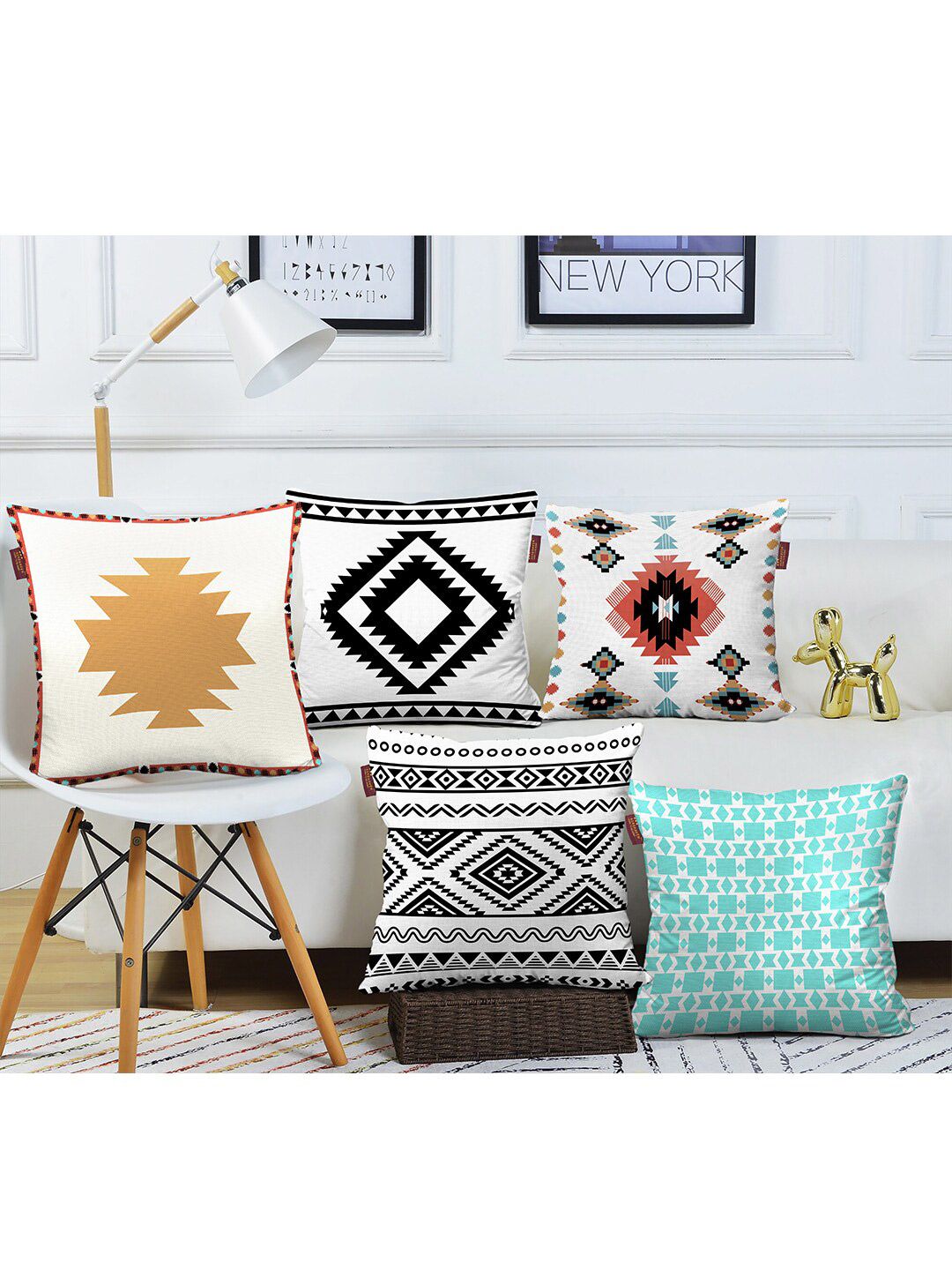 AEROHAVEN Blue & Black Set of 5 Geometric Square  Cotton Canvas  Cushion Covers Price in India