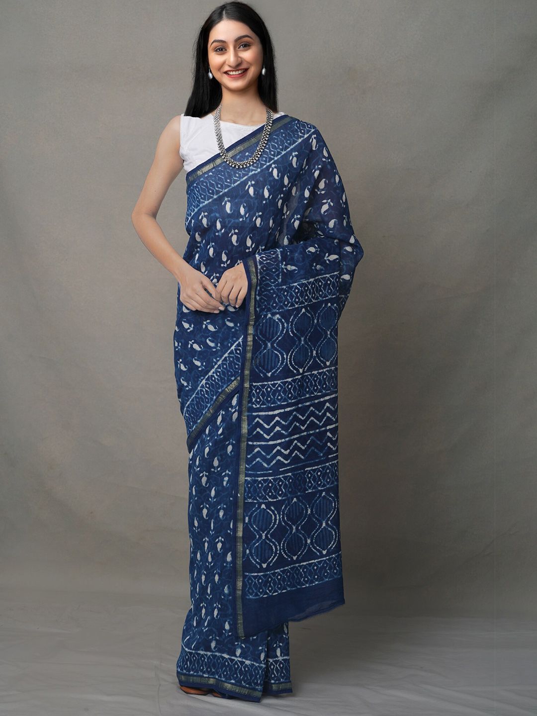 Unnati Silks Blue & Off White Dabu Silk Cotton Chanderi Saree