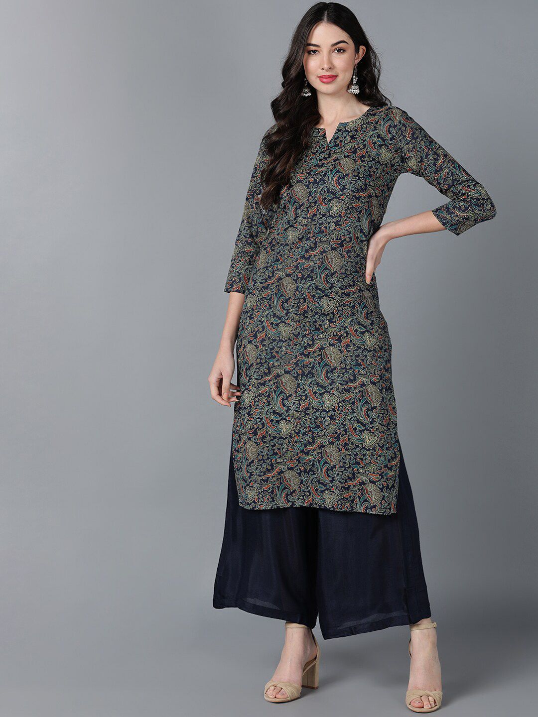 AHIKA Women Navy Blue Floral Printed Pure Cotton Kurta