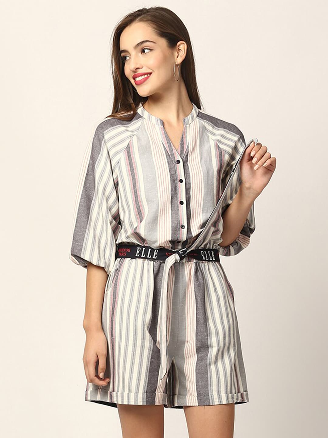 ELLE White & Grey Linen Striped Jumpsuit Price in India