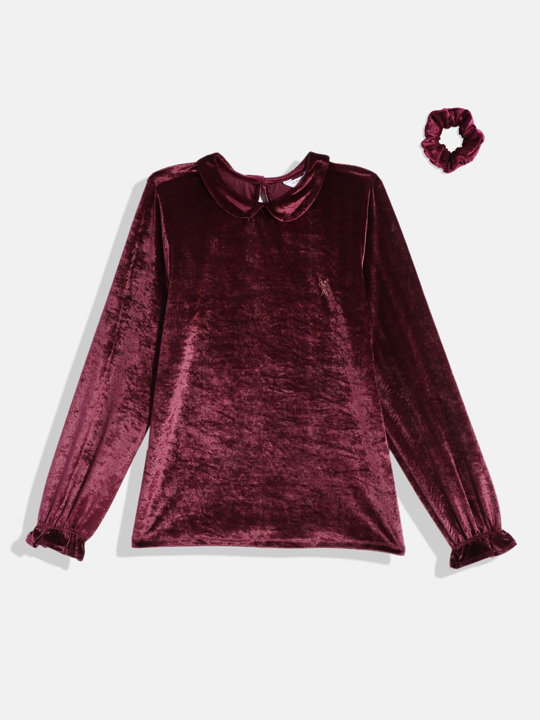 U.S. Polo Assn. Kids Girls Maroon Peter Pan Collar Velvet Top with Scrunchie Price in India