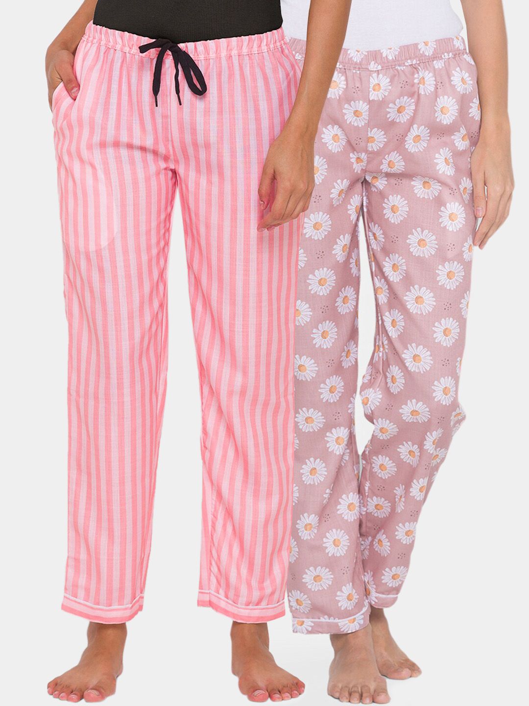 FashionRack Women Set of 2 Pink & White Cotton Lounge Pants Price in India