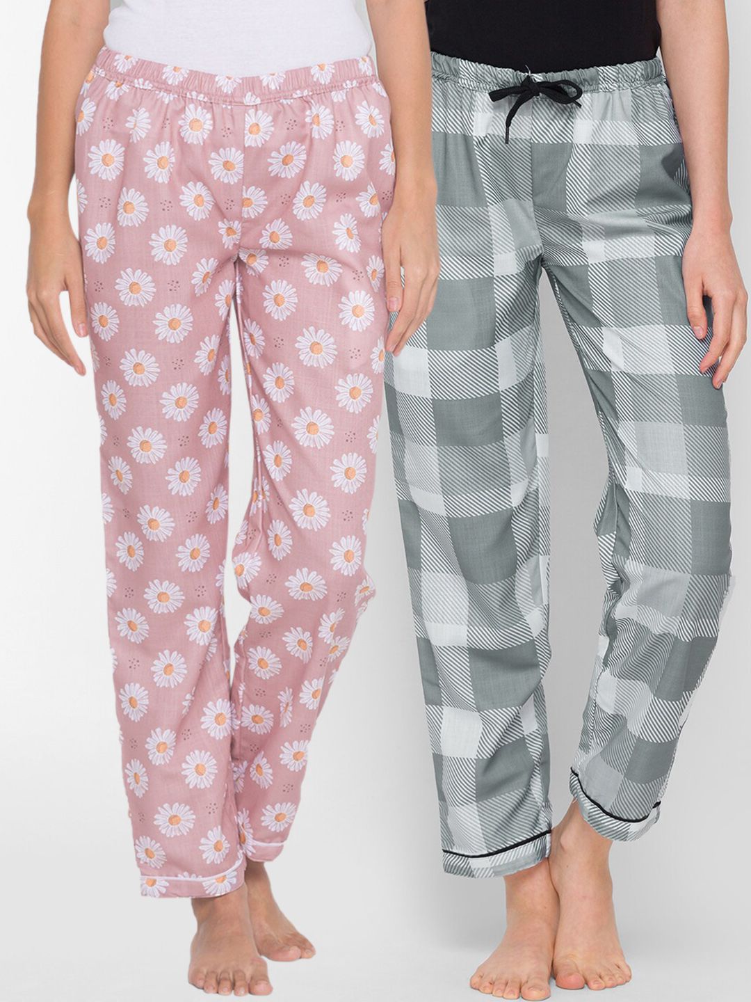 FashionRack Women Pack of 2 Pink, Grey Printed Cotton Lounge Pants Price in India