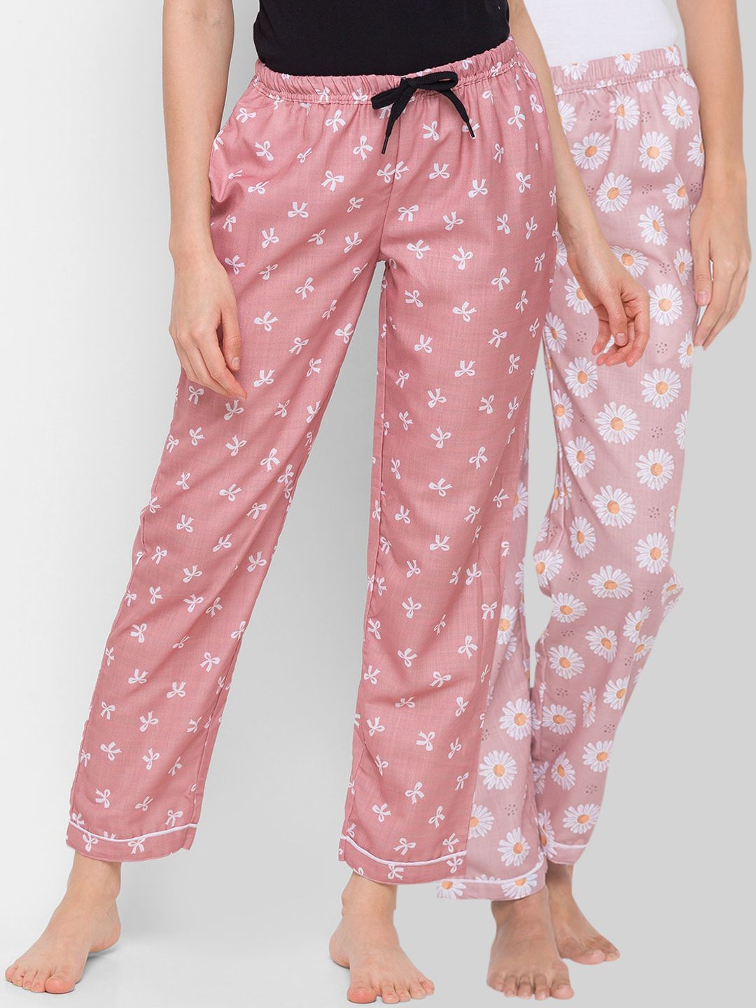 FashionRack Women Pack of 2 Brown, Pink Printed Cotton Lounge Pants Price in India