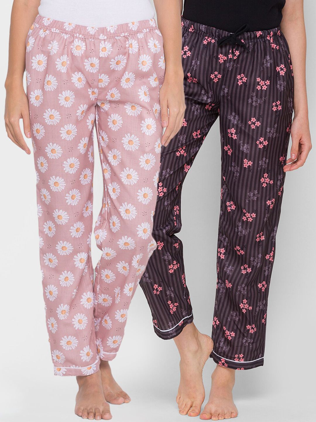 FashionRack Women Pack of 2 Pink, Brown Printed Lounge Pants Price in India