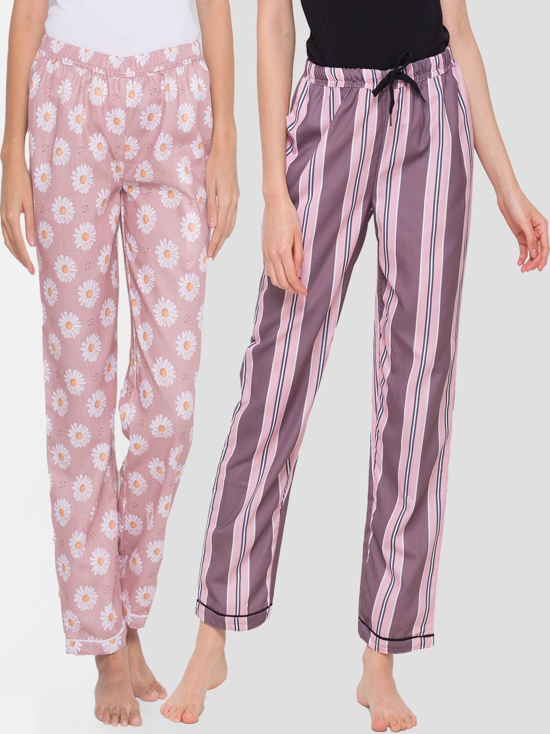 FashionRack Women Pack Of 2 Pink & Brown Printed Lounge Pants Price in India