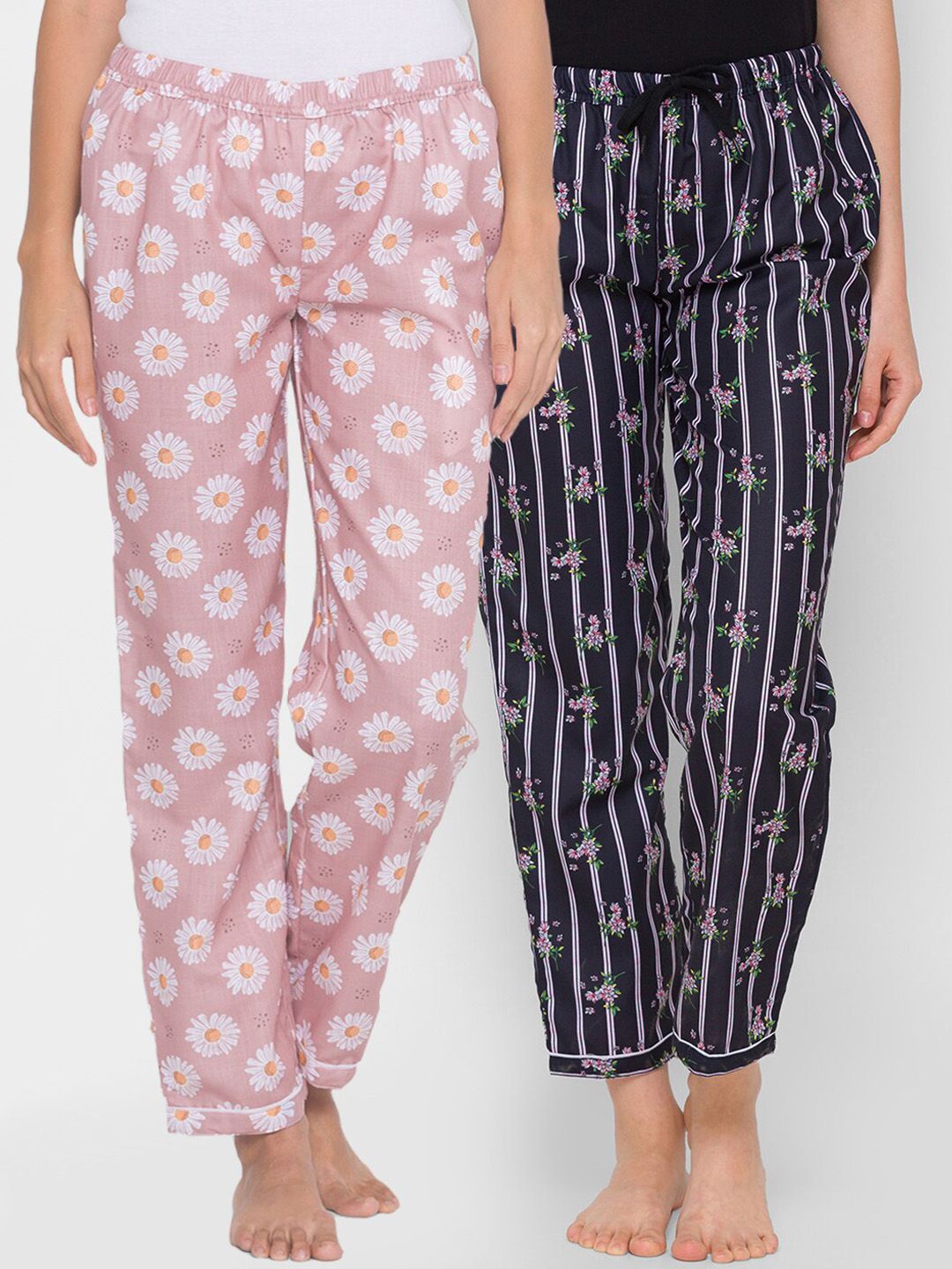 FashionRack Women Pack of 2 Pink & Black Printed Cotton Lounge Pants Price in India