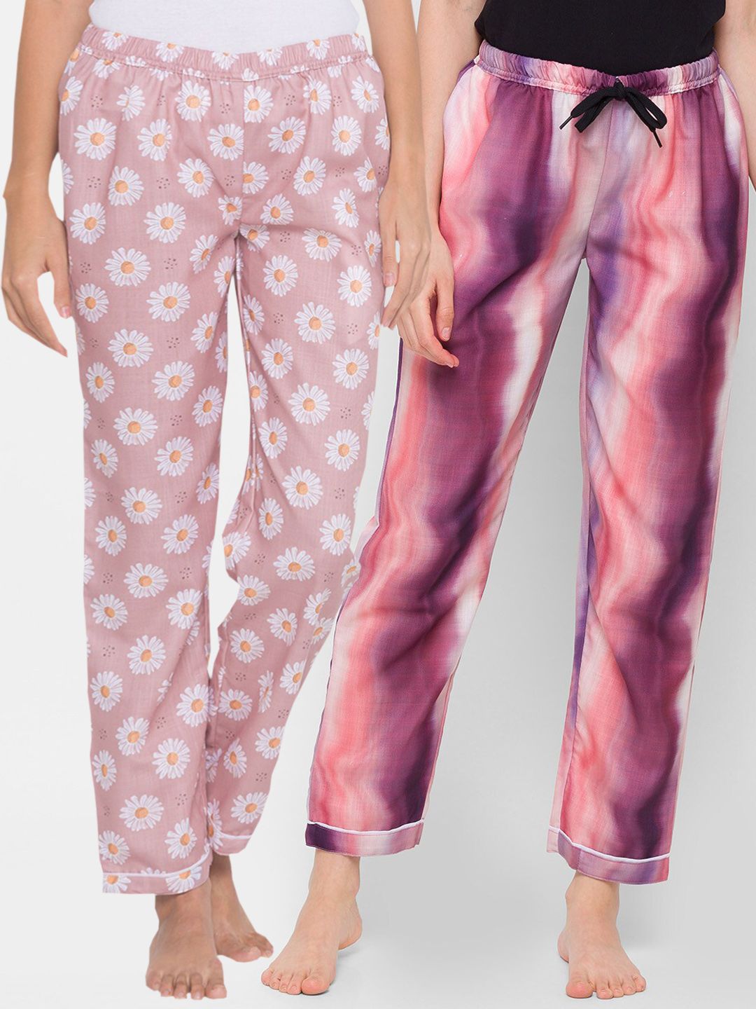 FashionRack Pack of 2 Pink & Purple Printed Cotton Lounge Pants Price in India