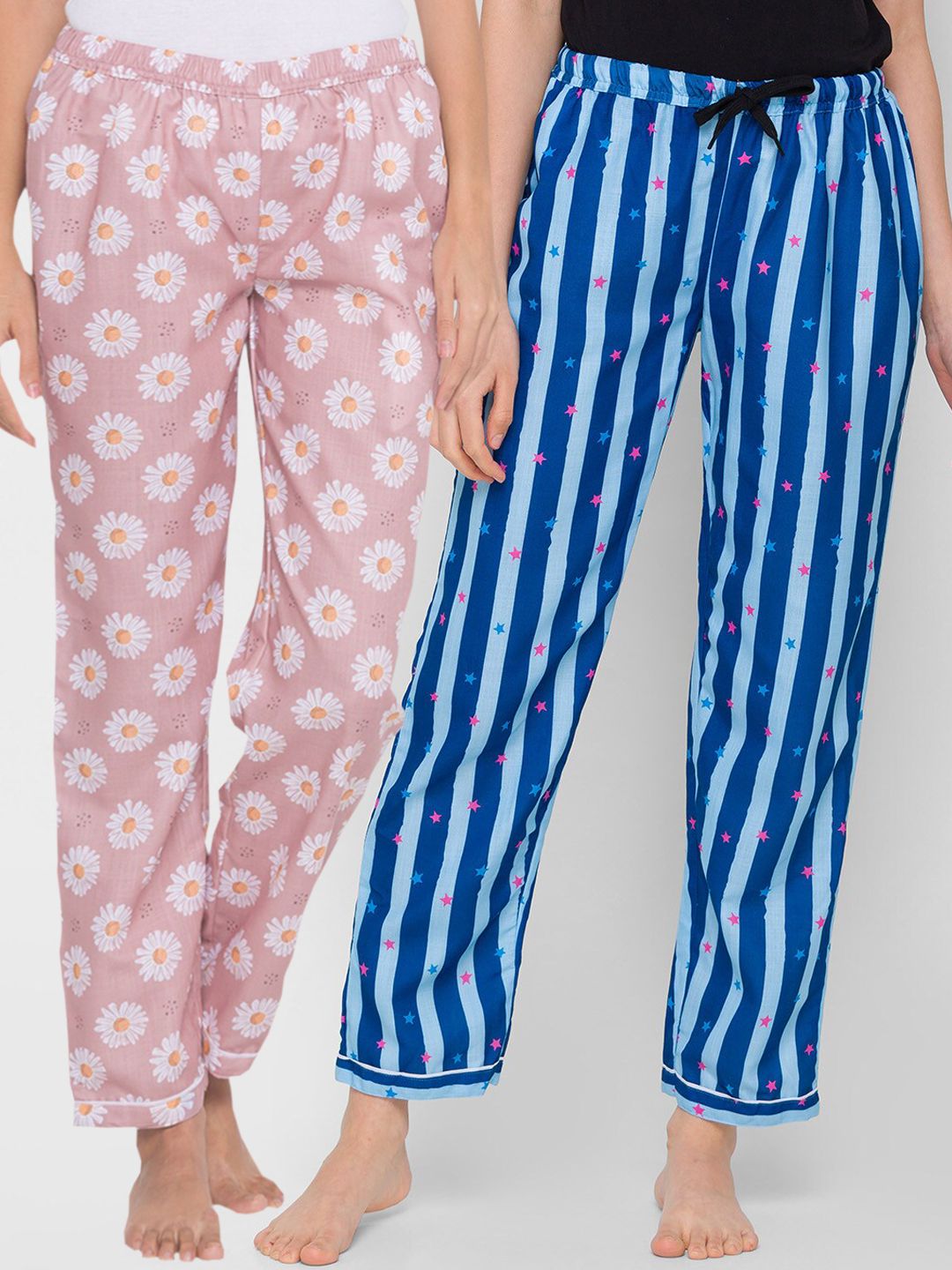 FashionRack Pack of 2 Women Pink & Blue Printed Lounge Pants Price in India