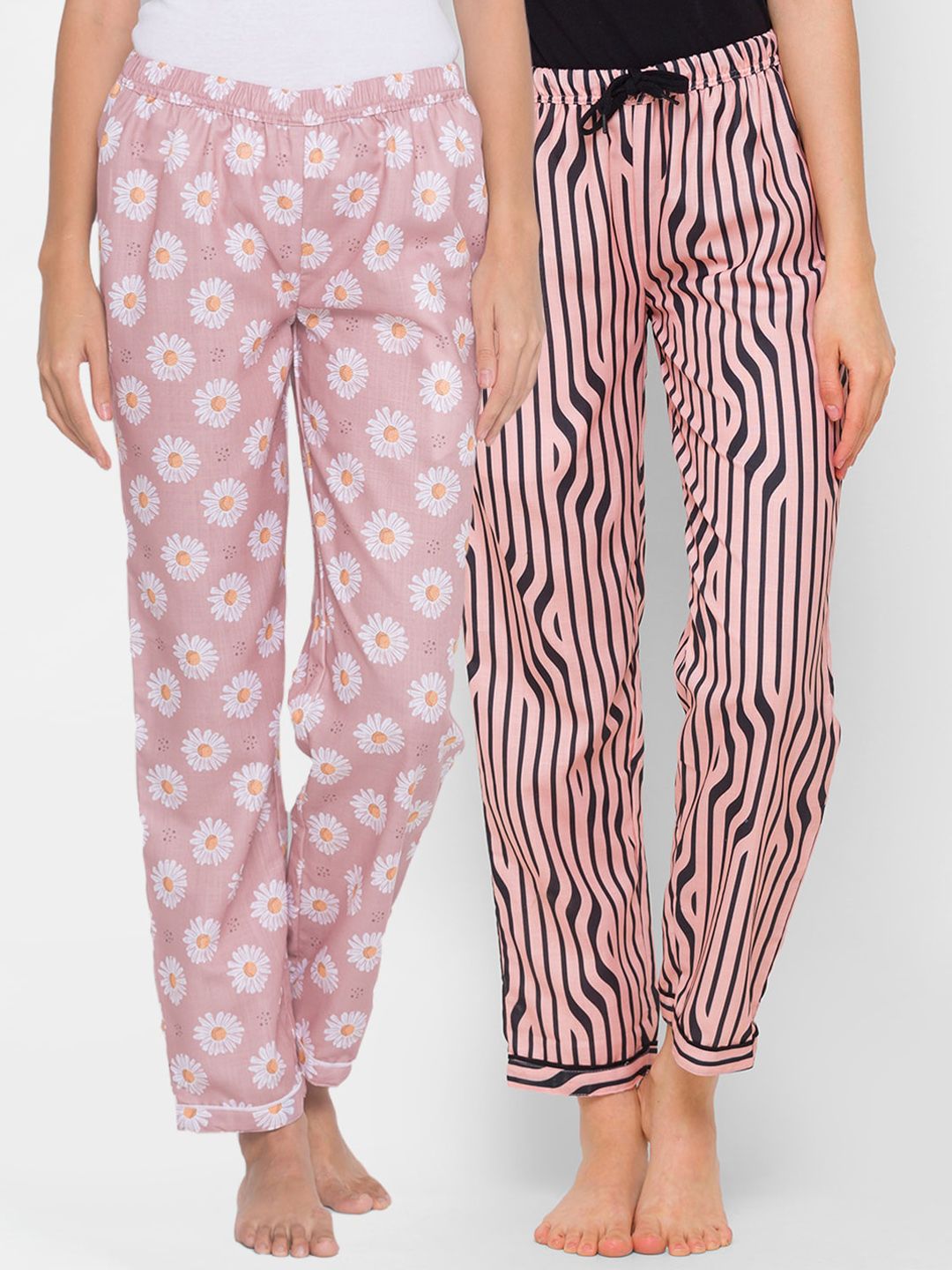 FashionRack Women Pack of 2 Pink & White Cotton Lounge Pants Price in India