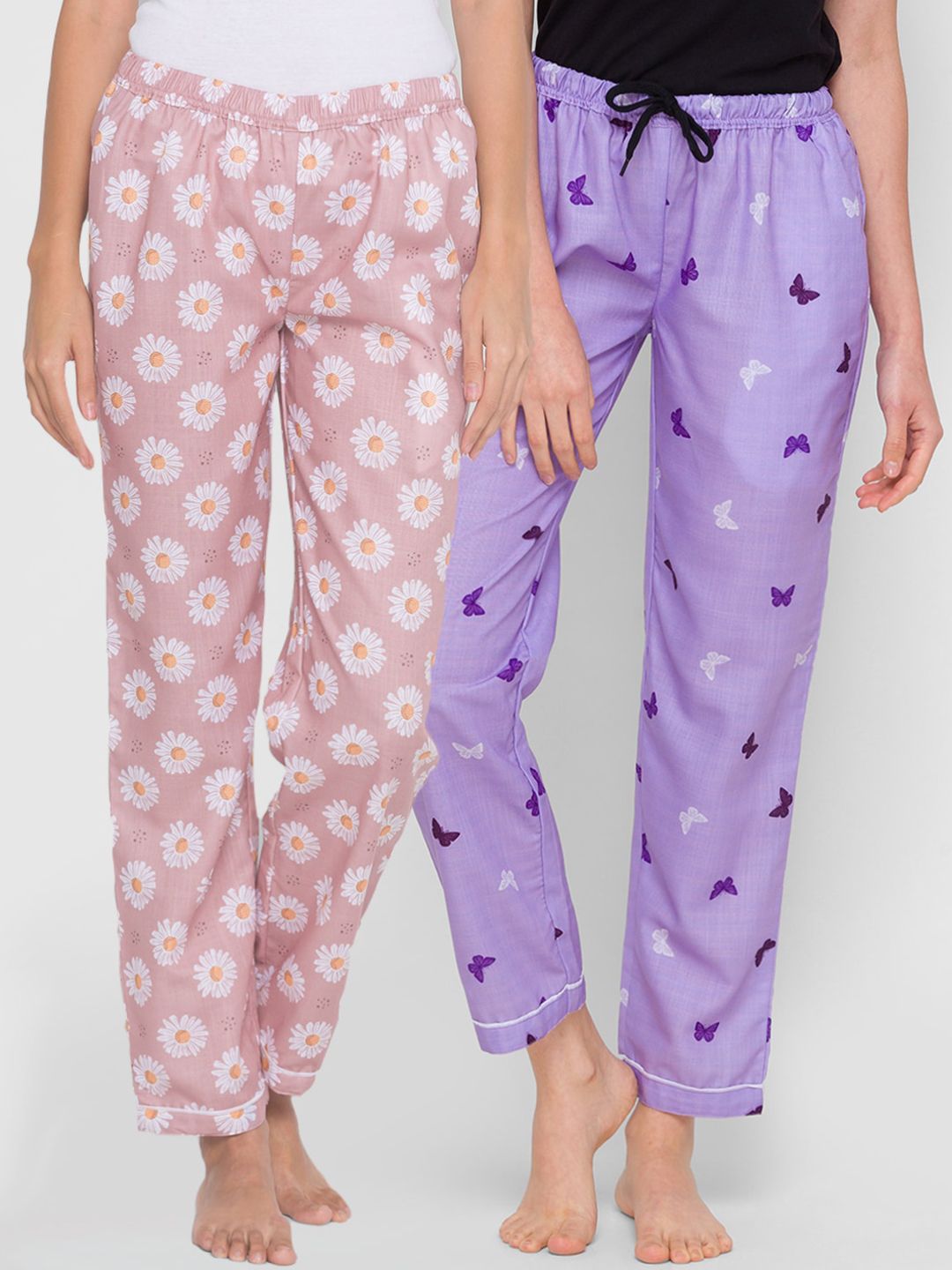 FashionRack Pack of 2 Pink & Purple Printed Cotton Lounge Pants Price in India