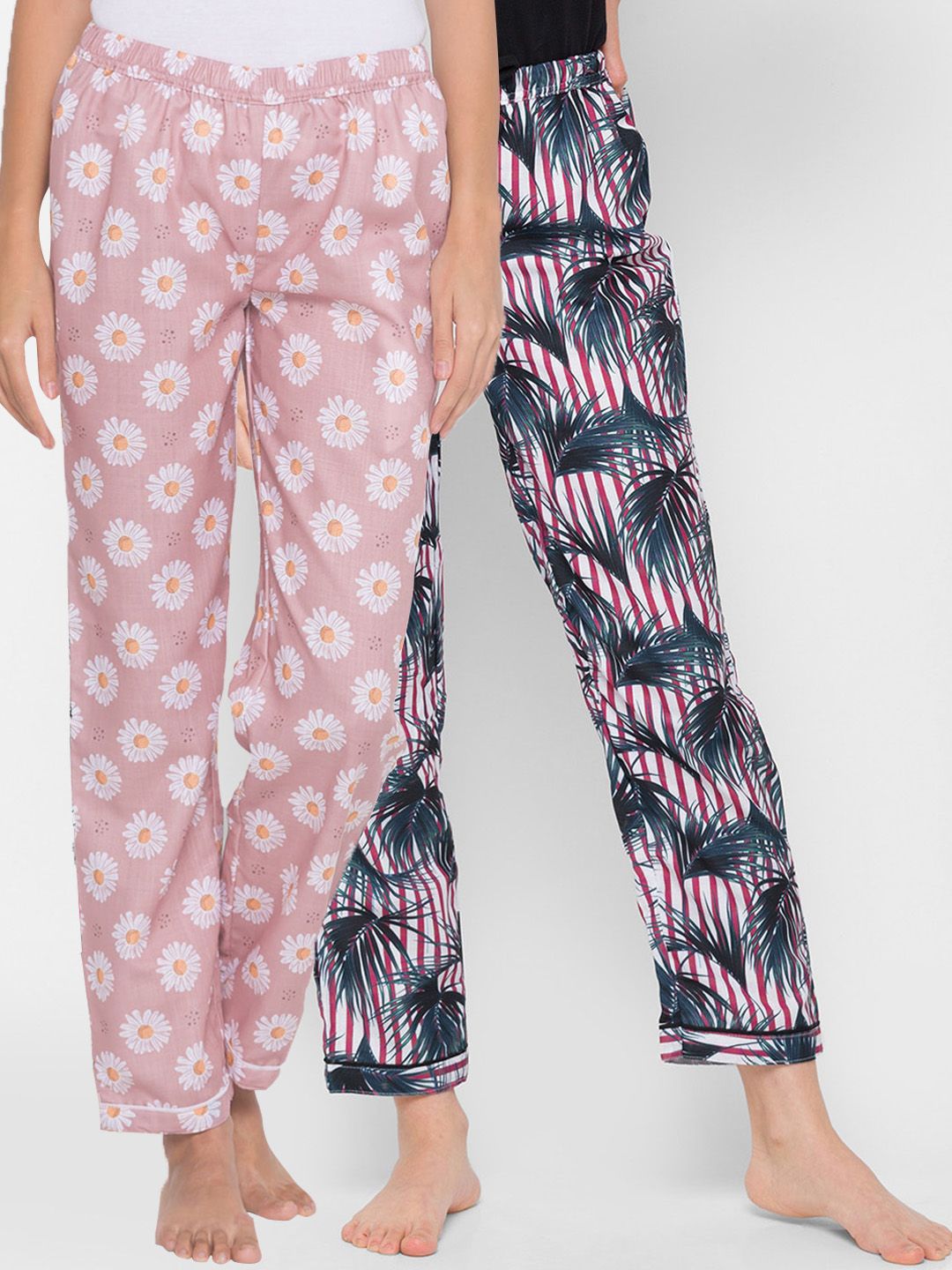 FashionRack Women Pack of 2 Pink & Red Printed Cotton Lounge Pants Price in India