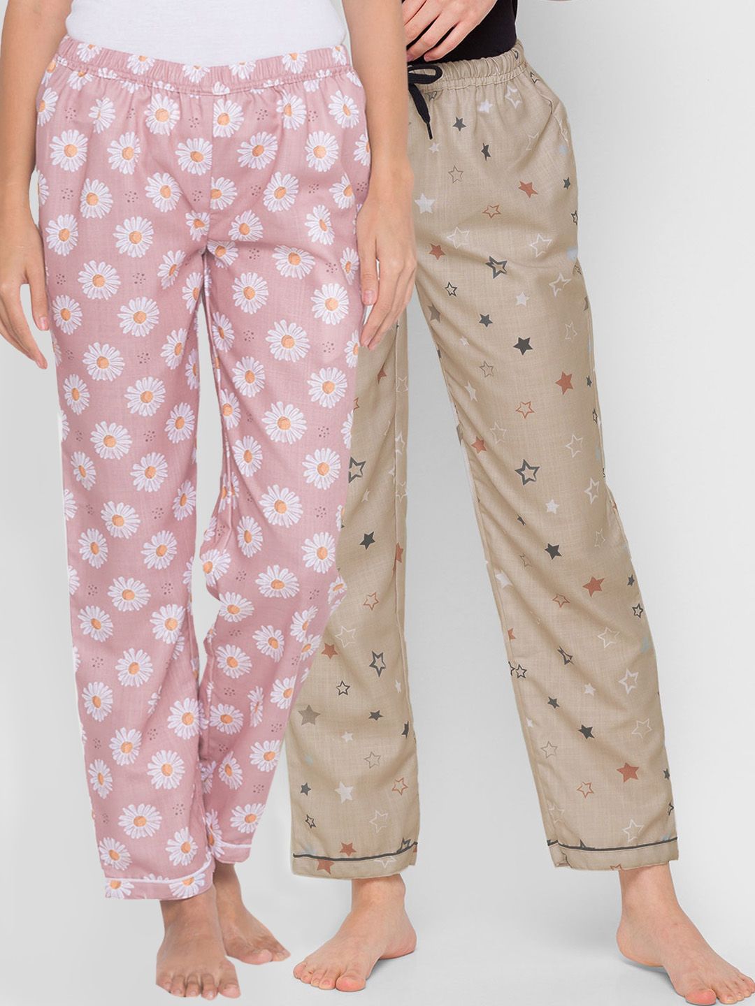 FashionRack Pack of 2 Women Pink & Beige Printed CottonLounge Pants Price in India