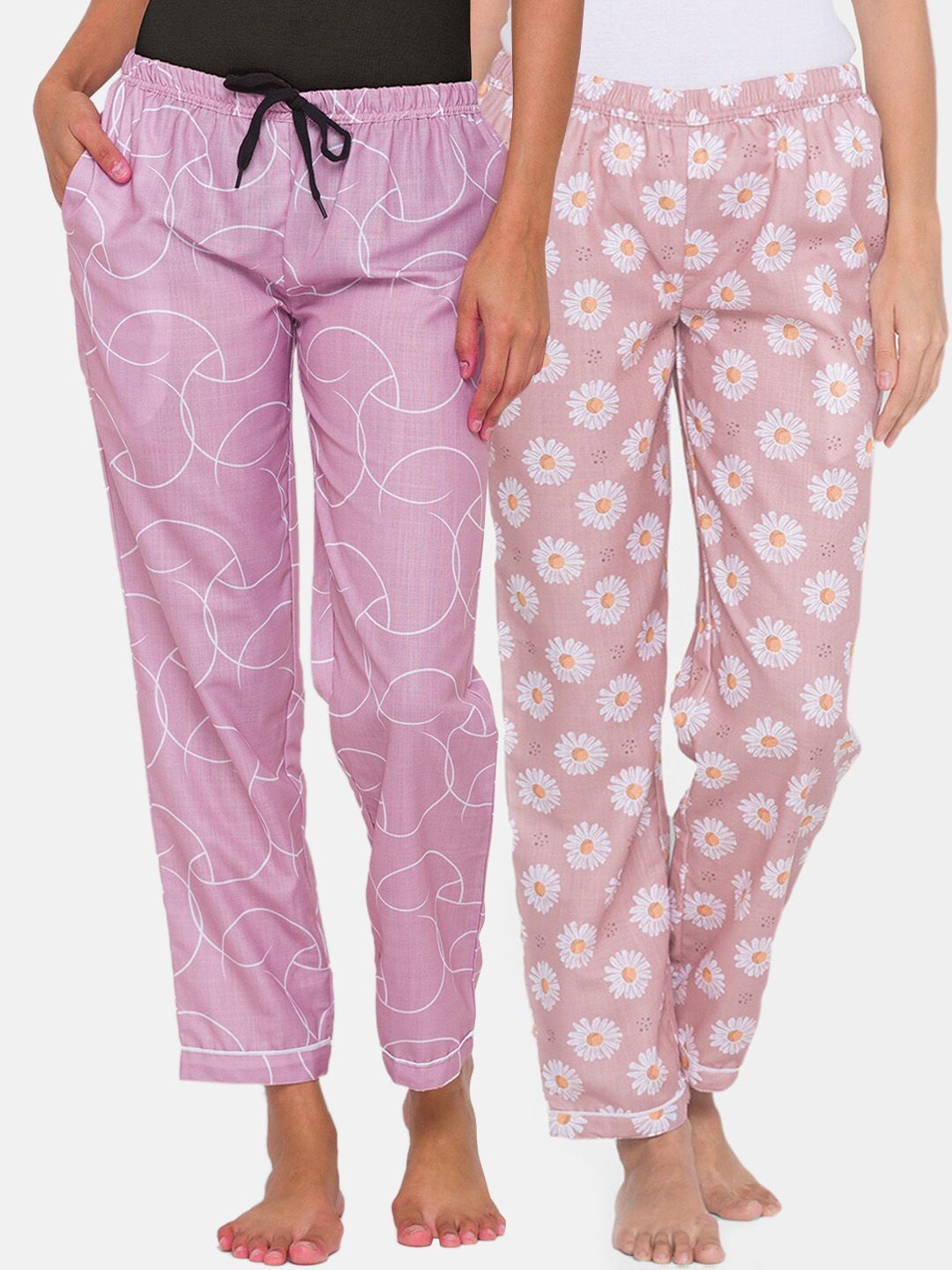 FashionRack Women Pack of 2 Pink & White Printed Cotton Lounge Pants Price in India