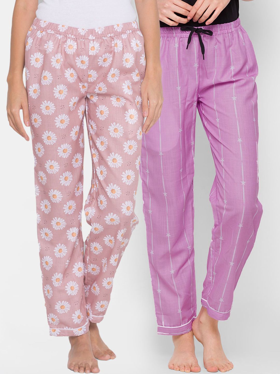 FashionRack Women Pack of 2 Pink & Purple Cotton Lounge Pants Price in India