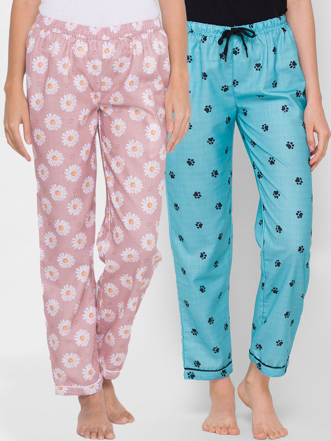 FashionRack Pack of 2 Pink & Blue Printed Cotton Lounge Pants Price in India