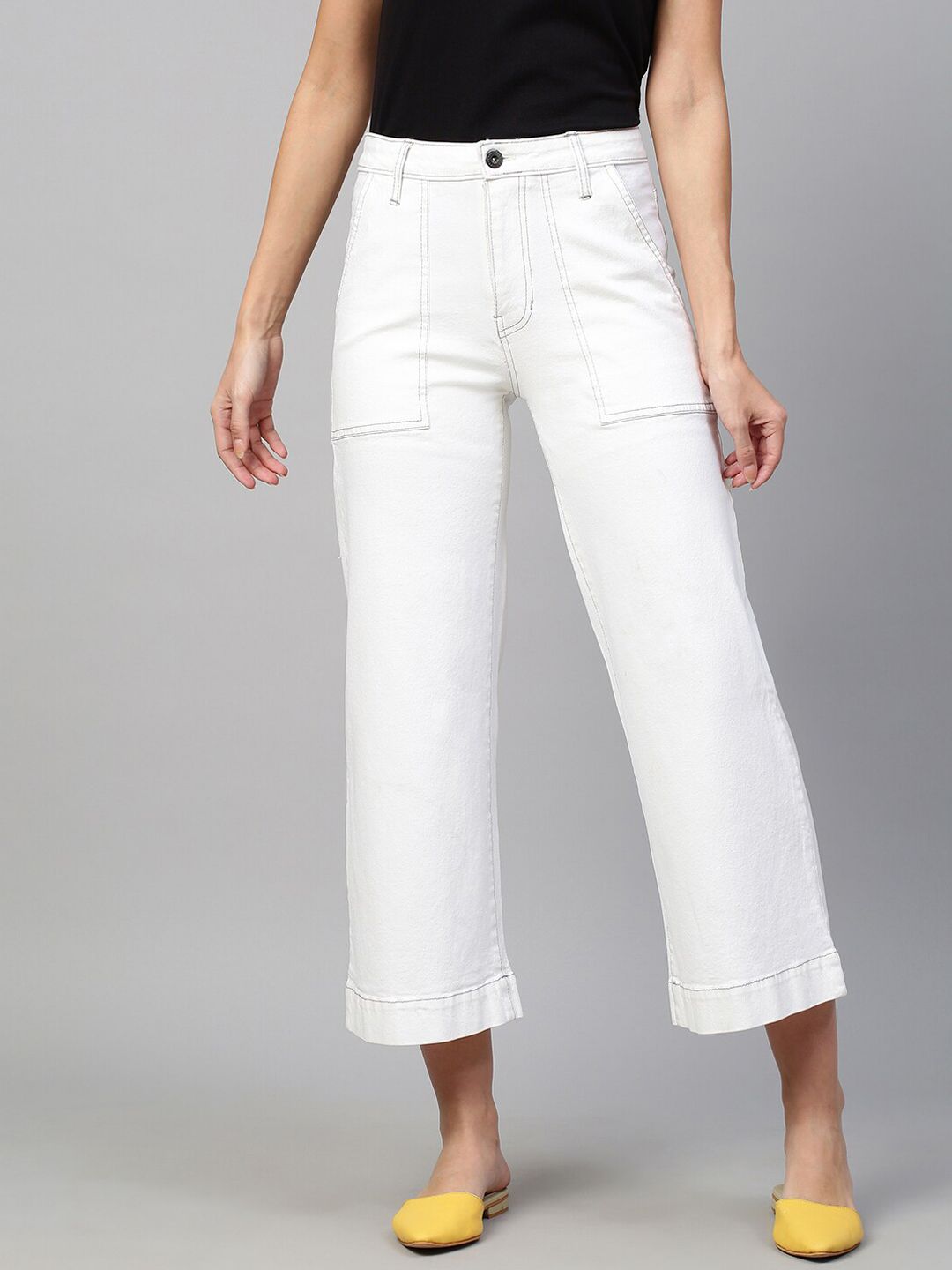 Chemistry Women White Solid Mid-Rise Wide Leg Jeans Price in India