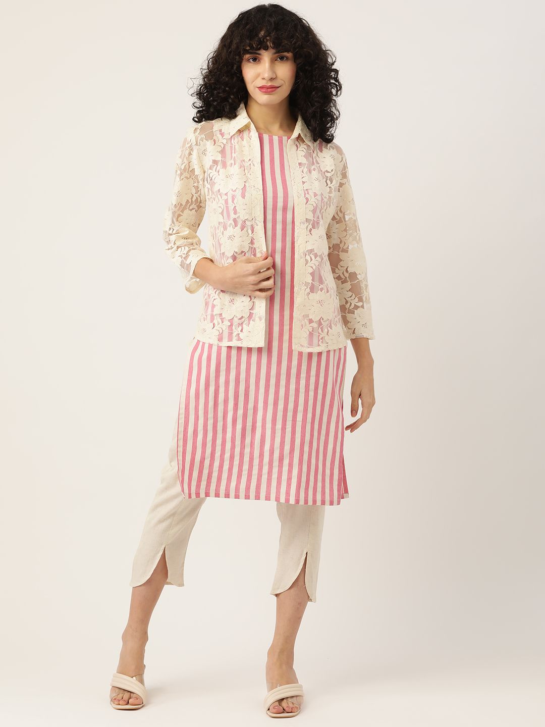 FABNEST Women Pink Striped Layered Pure Cotton Kurta Trousers with Jacket Price in India