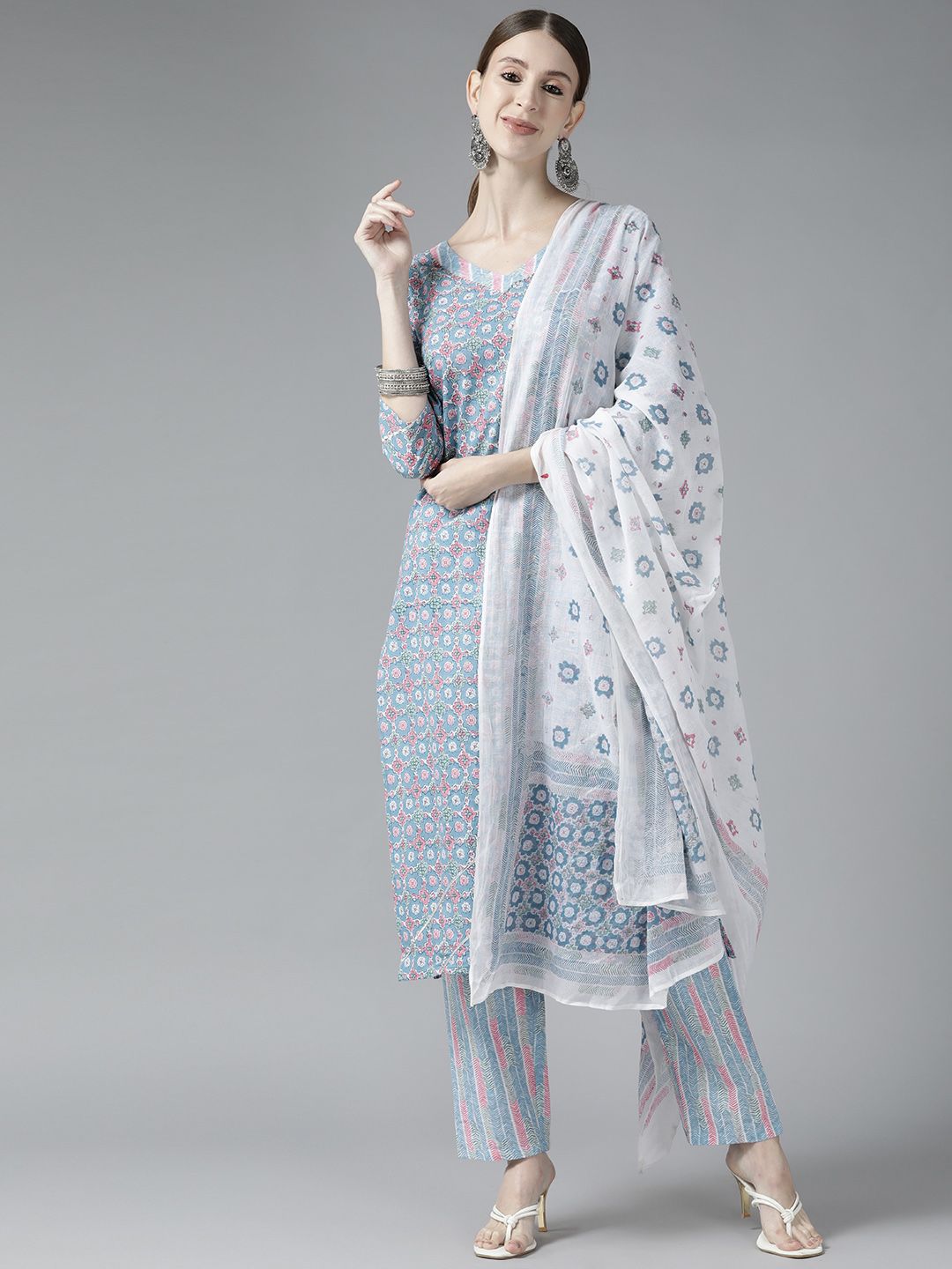 Yufta Women Blue Ethnic Motifs Printed Gotta Patti Pure Cotton Kurta with Trousers & With Dupatta Price in India