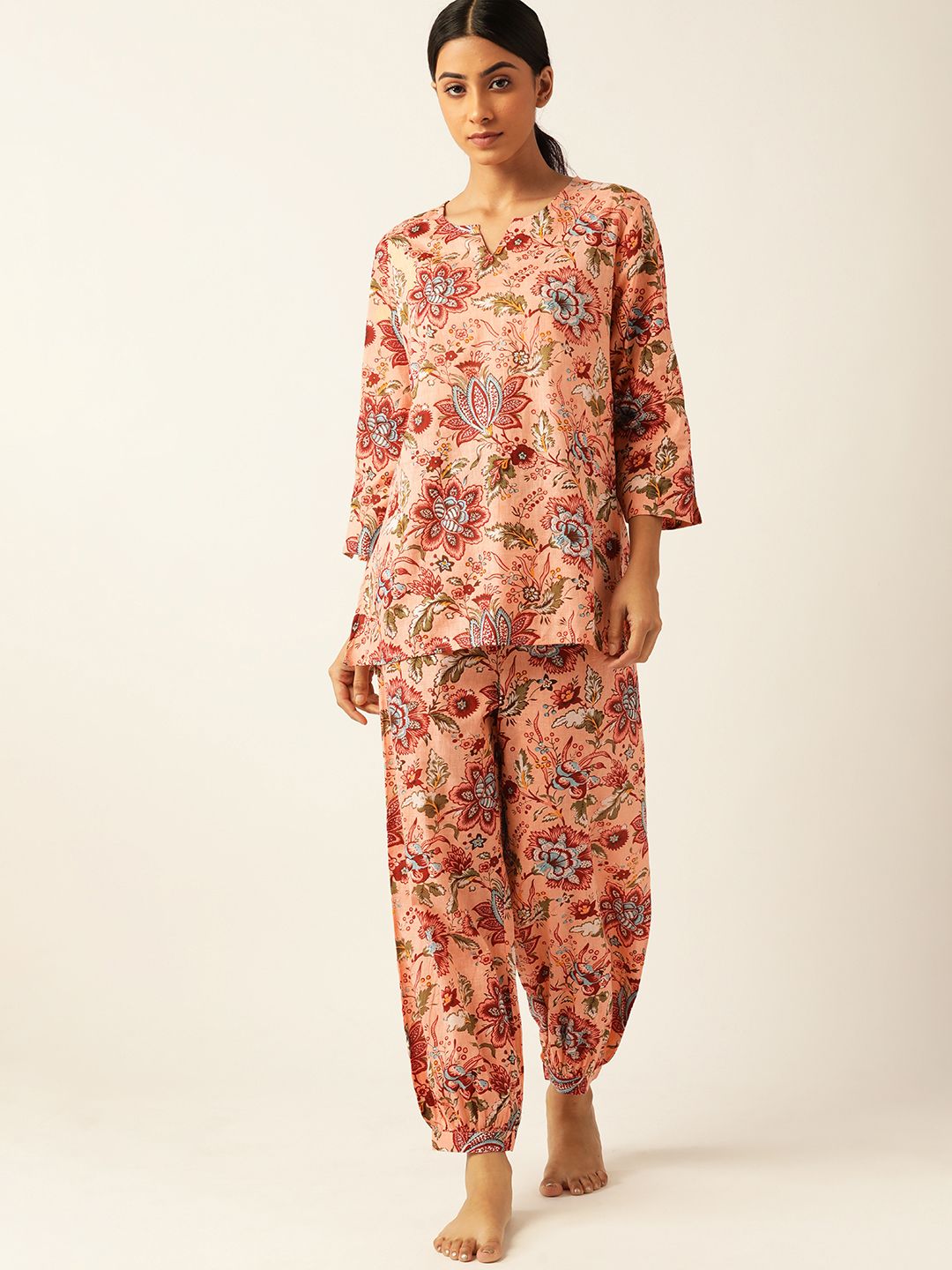 ETC Women Peach-Coloured Pure Cotton Jaipuri Print Pyjama Set Price in India