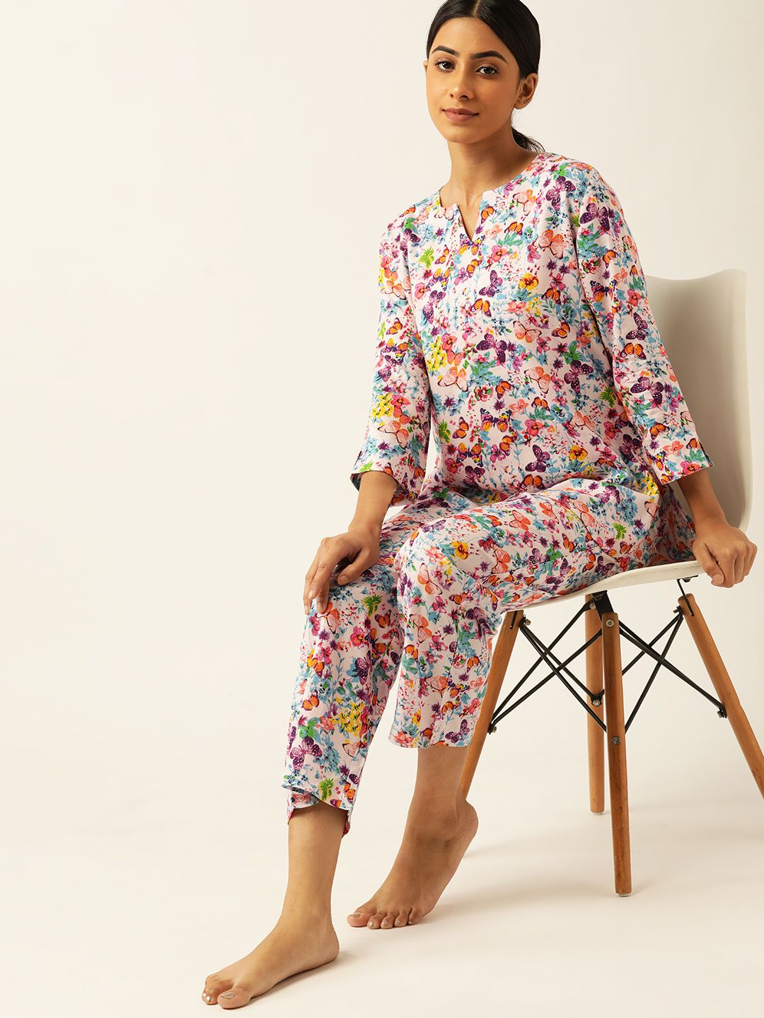 ETC Women Pink & Blue Pure Cotton Printed Pyjama Set Price in India