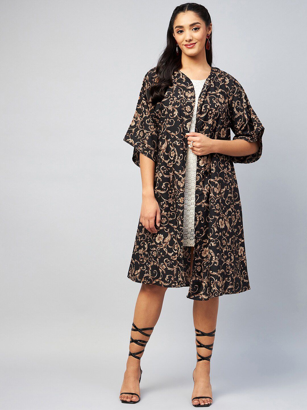 InWeave Women Black & Brown Printed Longline Shrug Price in India