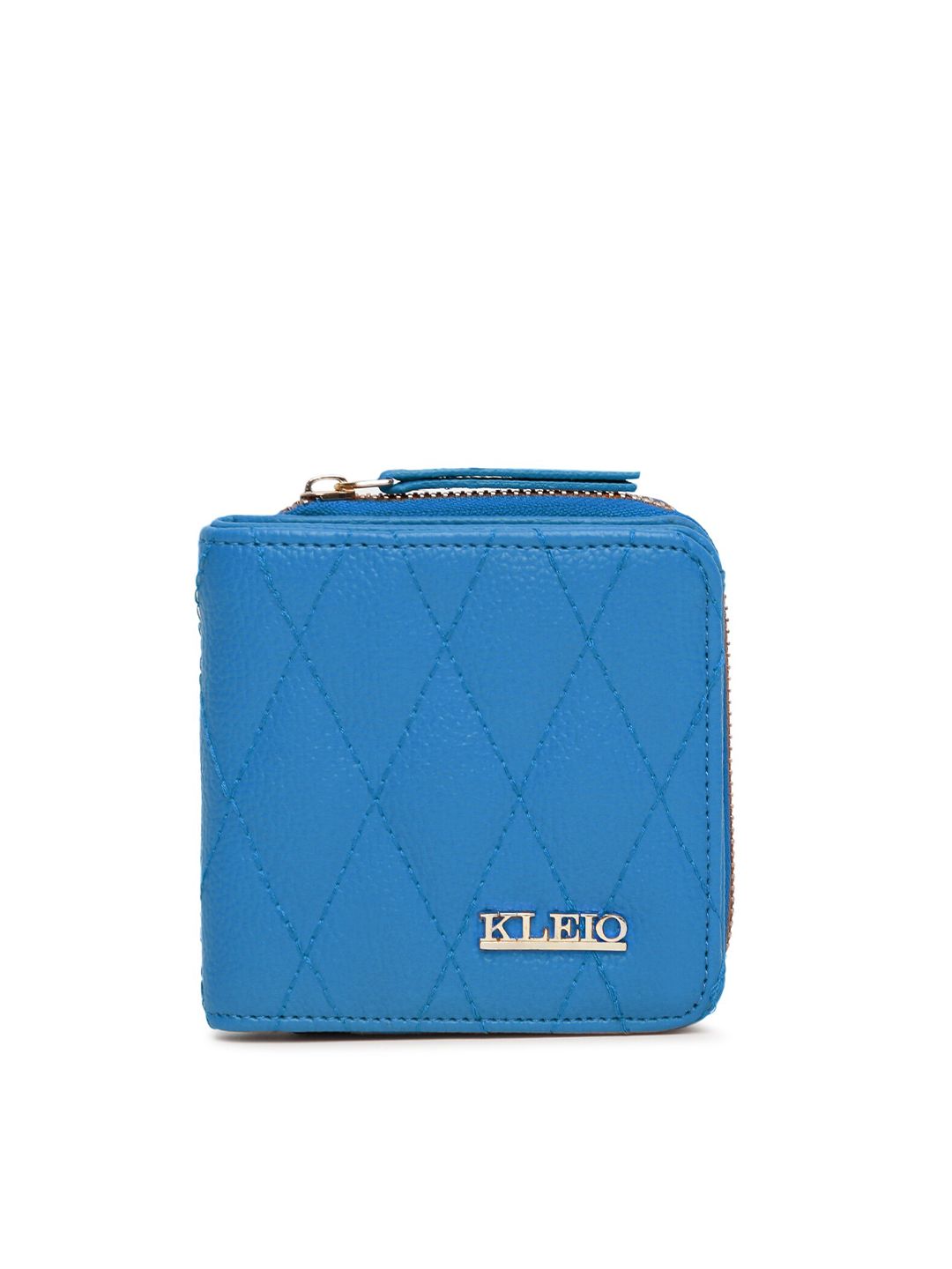 KLEIO Women Blue & Gold-Toned Textured Quilted PU Two Fold Wallet Price in India