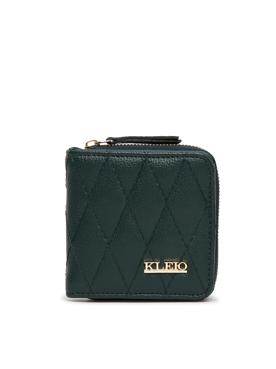 KLEIO Women Green & Gold-Toned Textured Quilted PU Two Fold Wallet Price in India