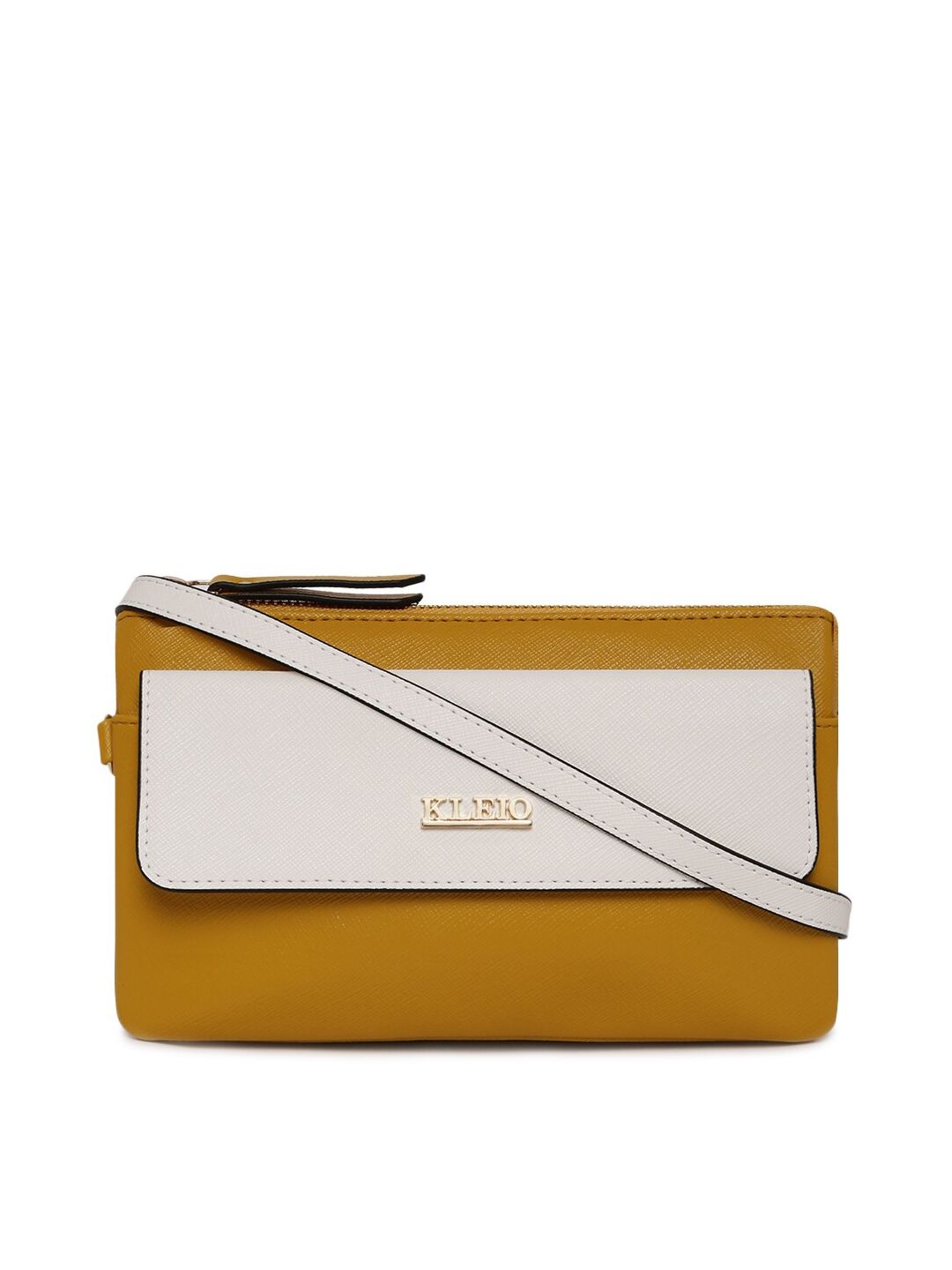KLEIO Mustard Yellow Colourblocked PU Structured Sling Bag Price in India