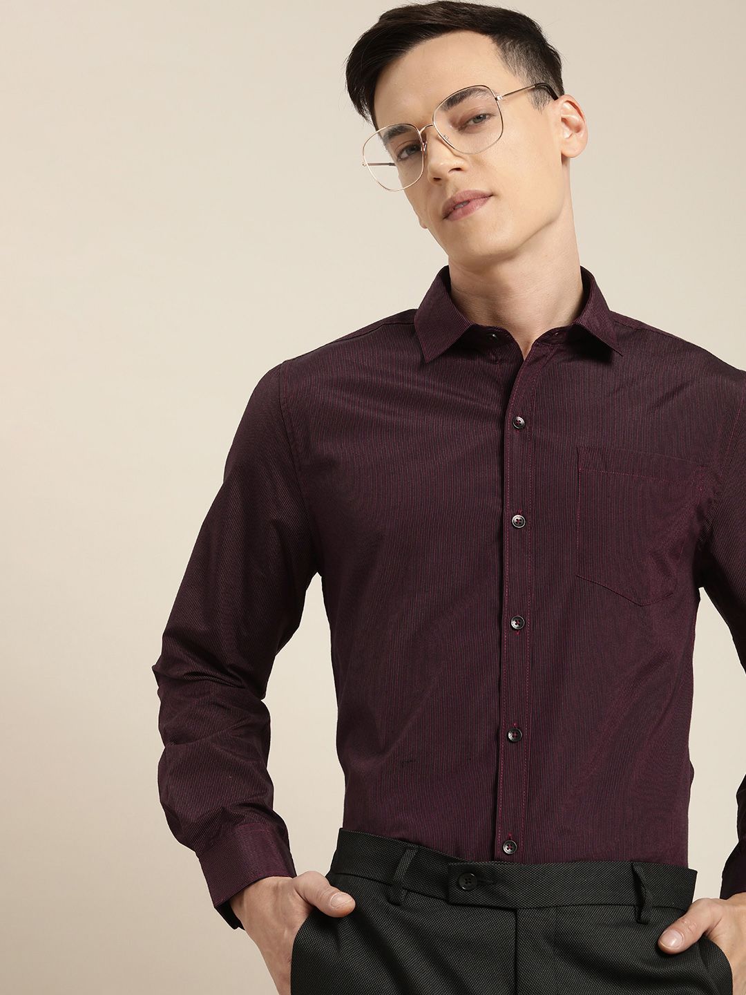 INVICTUS Men Dark Maroon Premium Slim-Fit Striped Formal Shirt